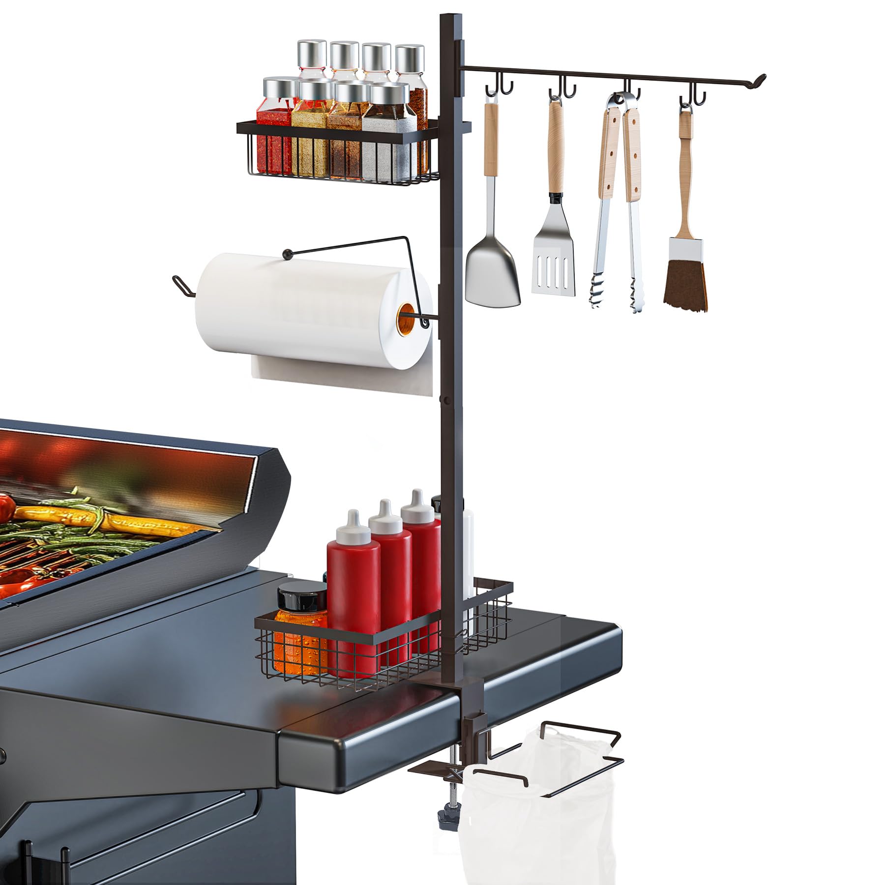 Go-komax front view mounted on Blackstone griddle showcasing organized setup and convenience