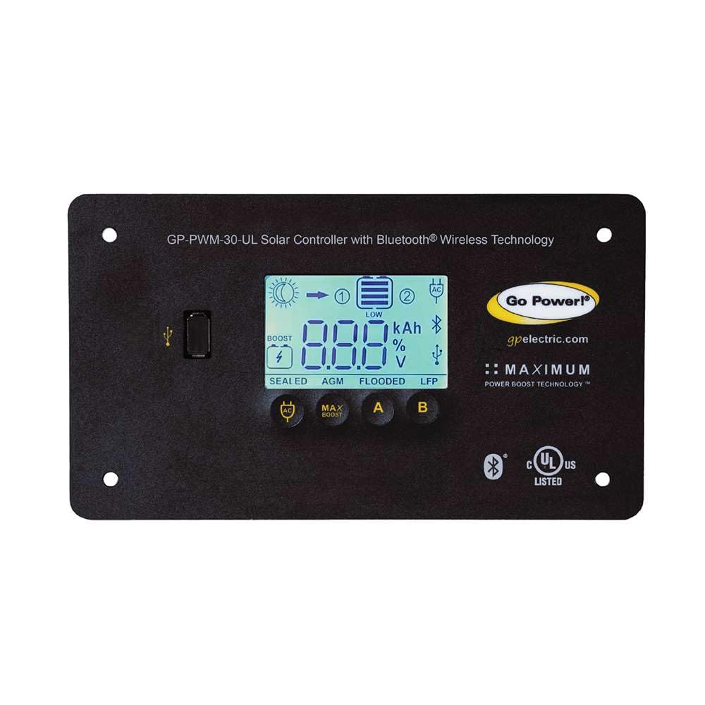 Go Power GP-PWM-30-UL front panel showing display and indicators for easy monitoring