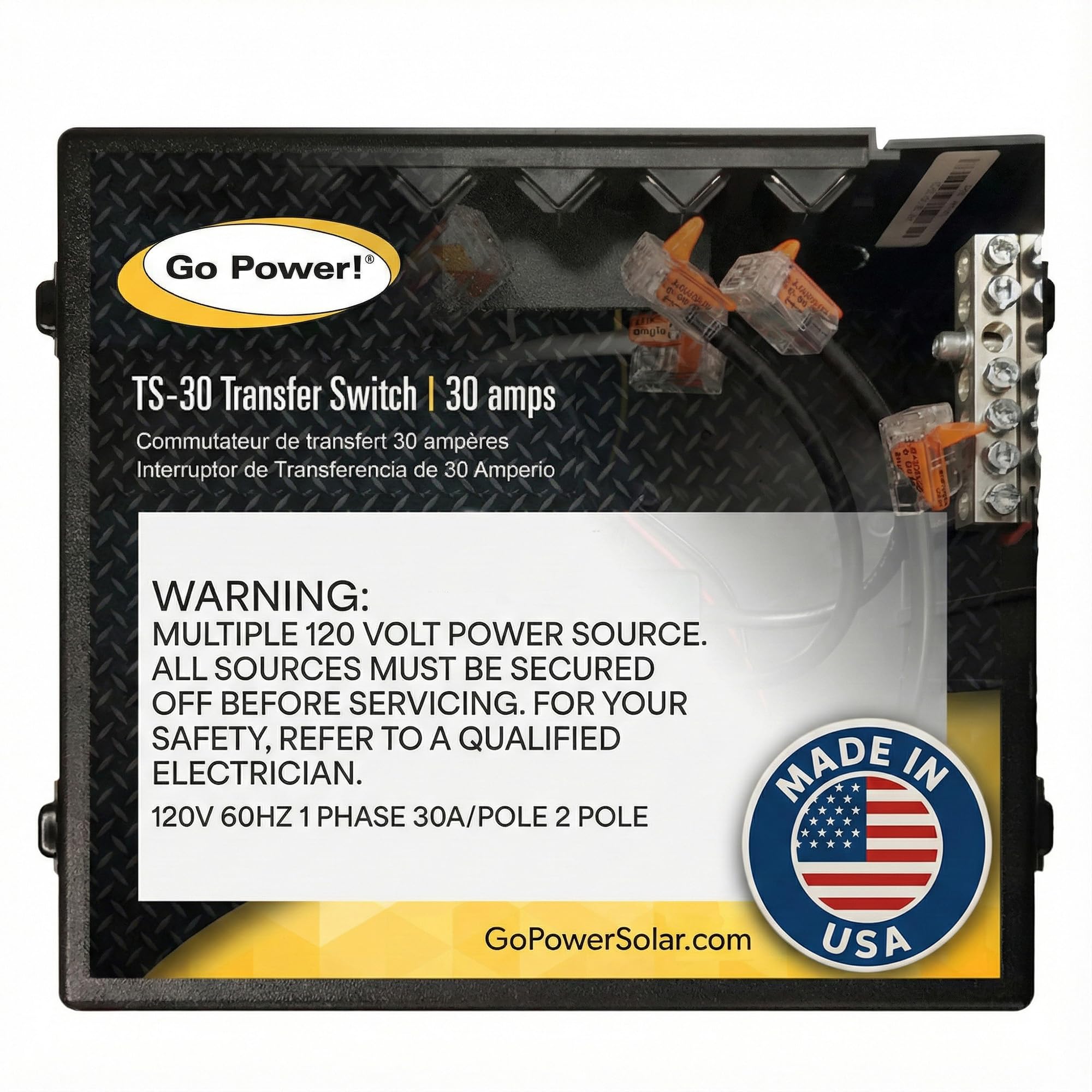 Go Power TS-30 front view showing label and connections for quick identification and safe use