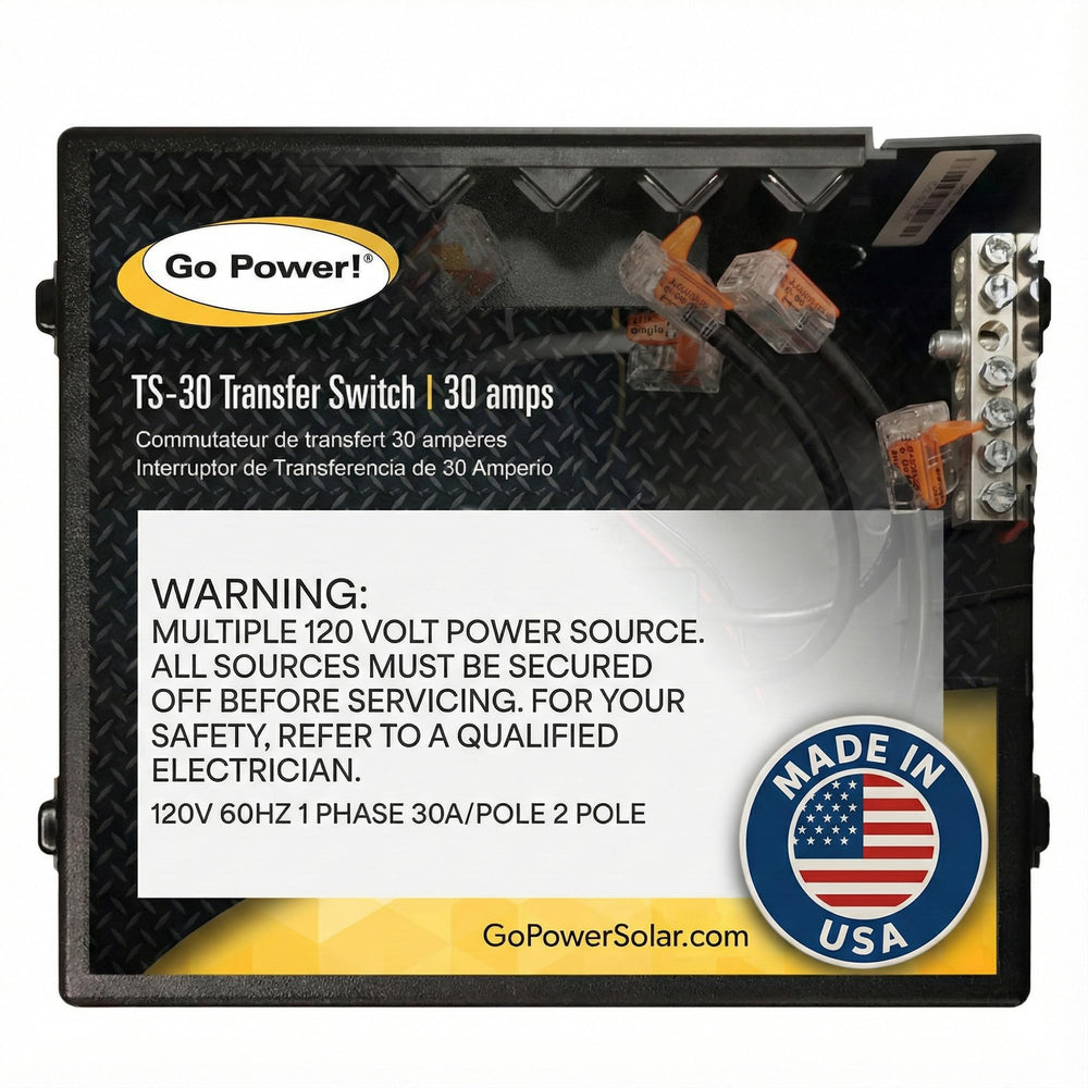Go Power TS-30 front view showing label and connections for quick identification and safe use
