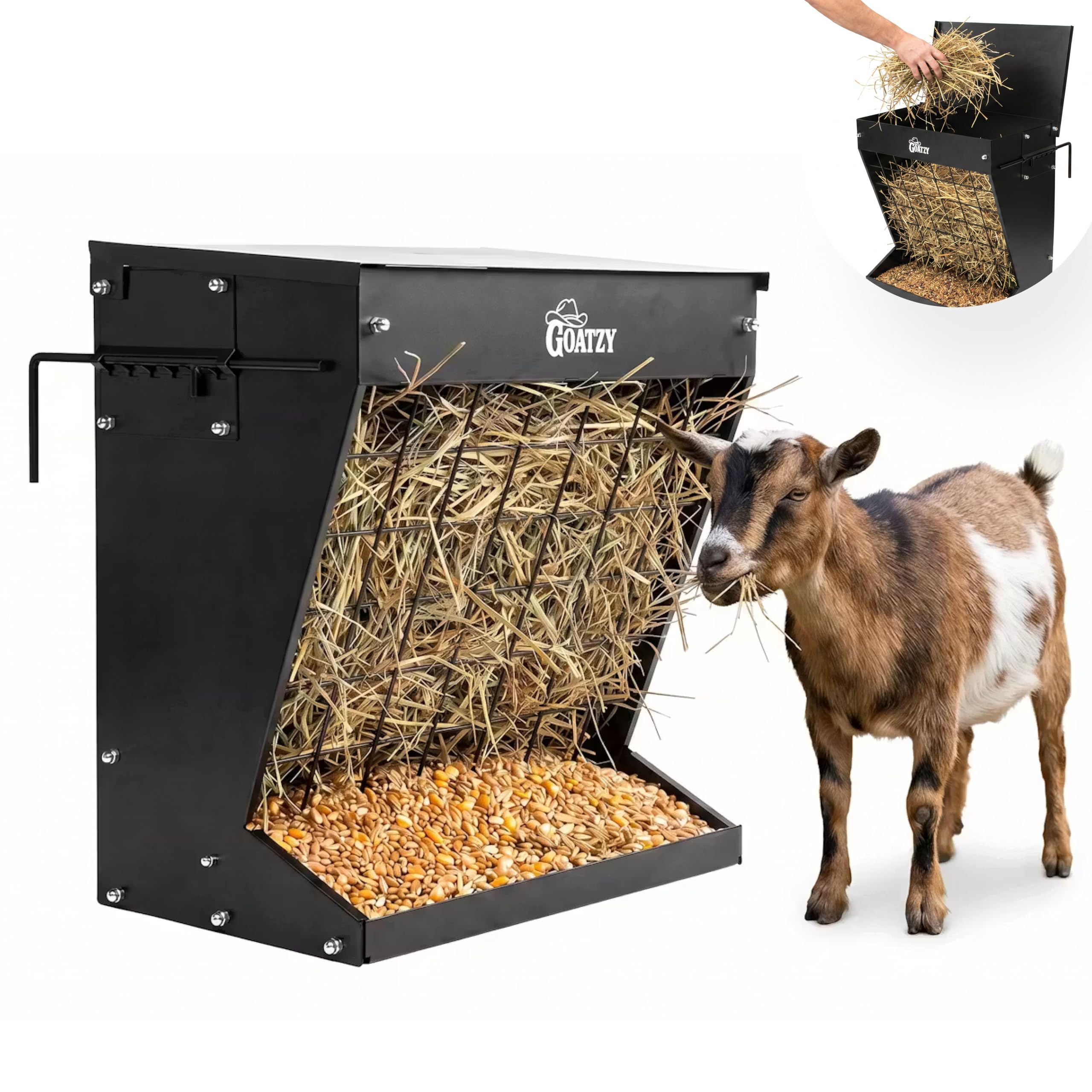 Goatzy feeder front view showing sturdy wall mount and organized feeding