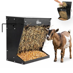 Goatzy feeder front view showing sturdy wall mount and organized feeding
