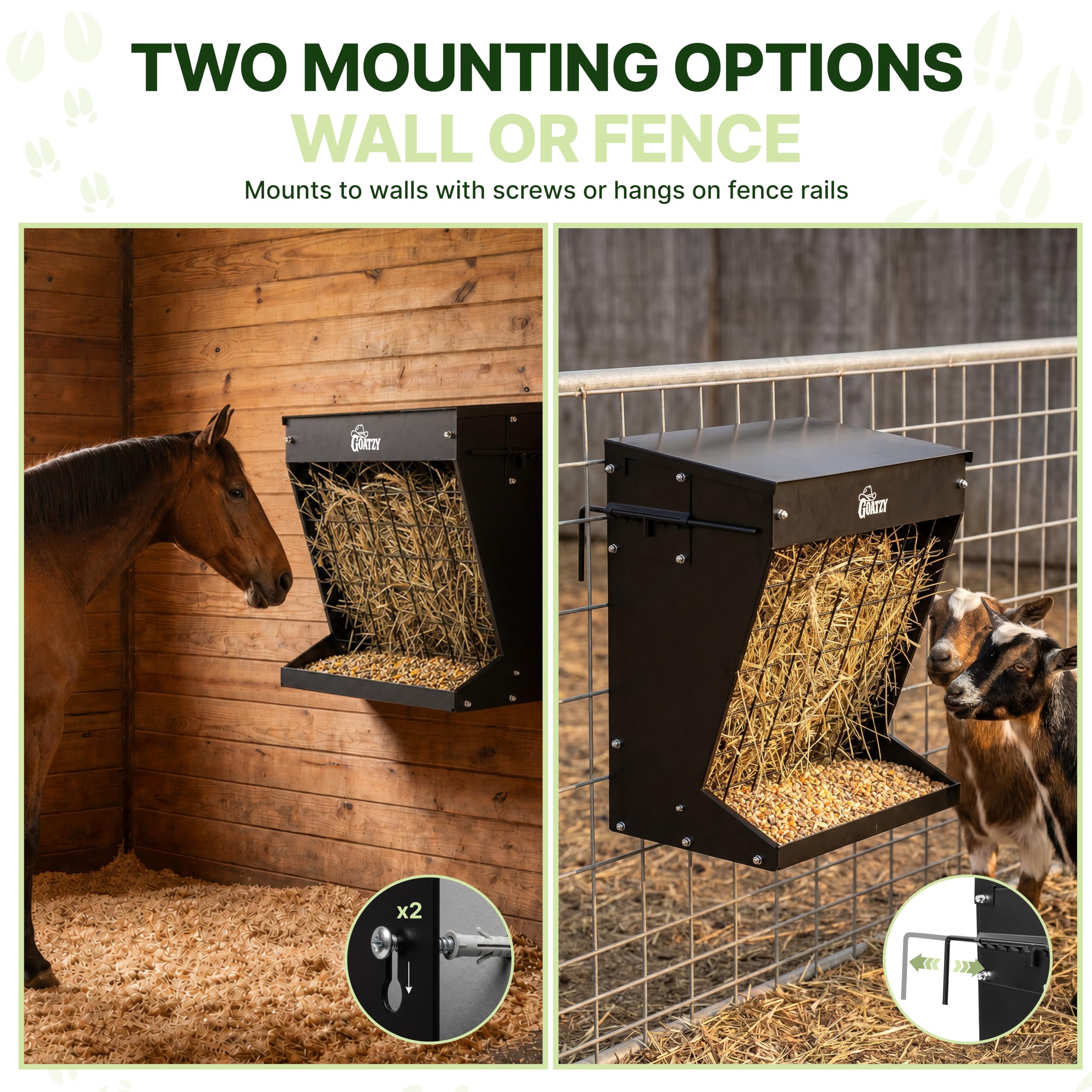 Goatzy hung on fence panel with hooks for quick removable mounting