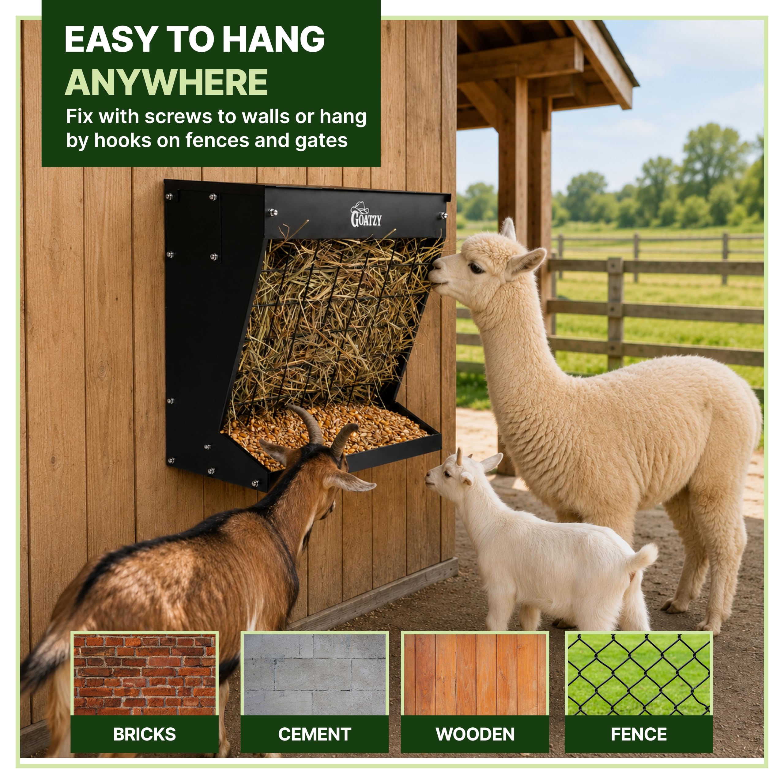 Goatzy mounted on barn wall with anchors for secure, permanent installation