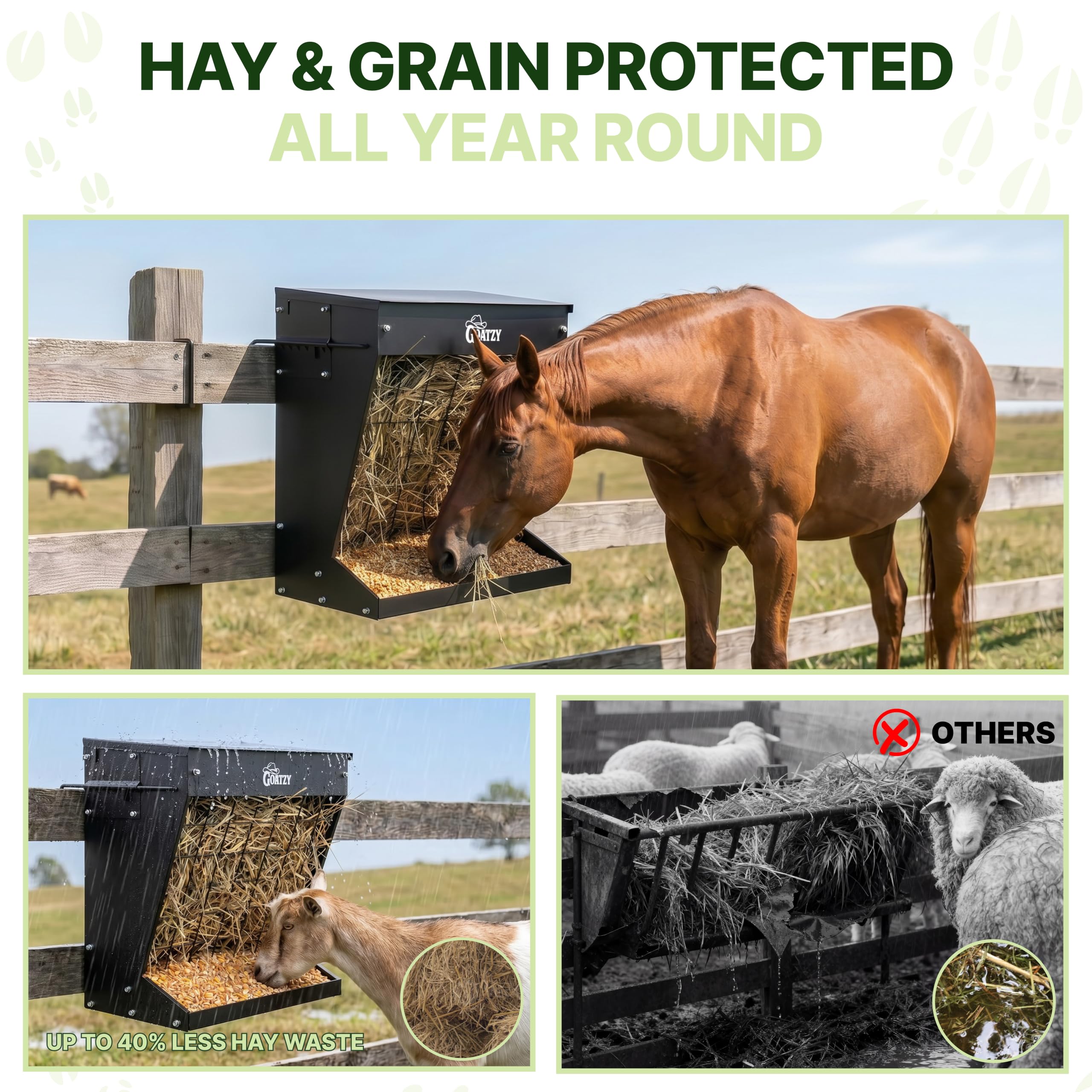 Goatzy beside hay bale showing capacity and space-saving scale