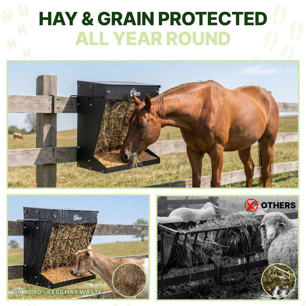Goatzy beside hay bale showing capacity and space-saving scale
