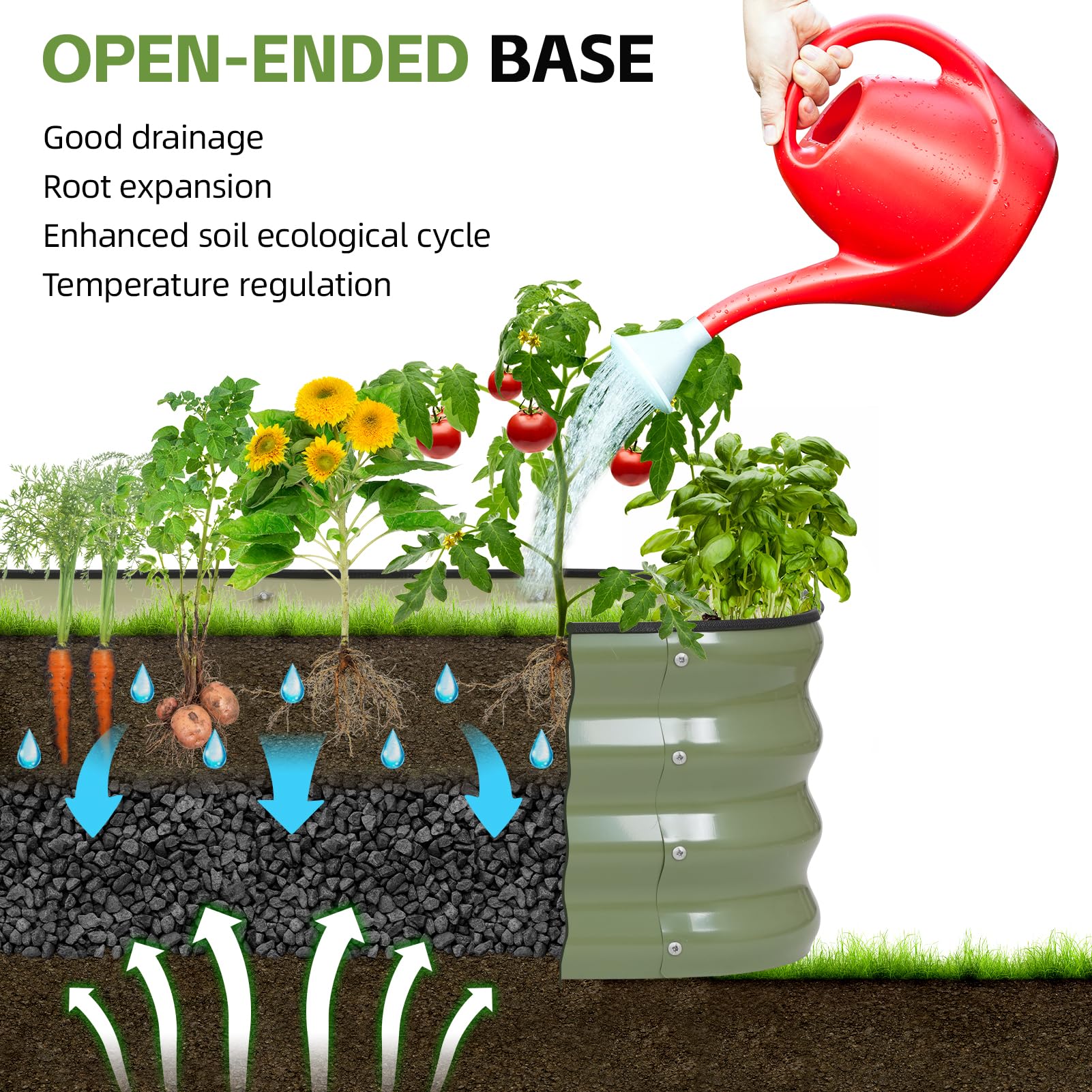GoCampDirect open-bottom detail showing root access and natural drainage advantage
