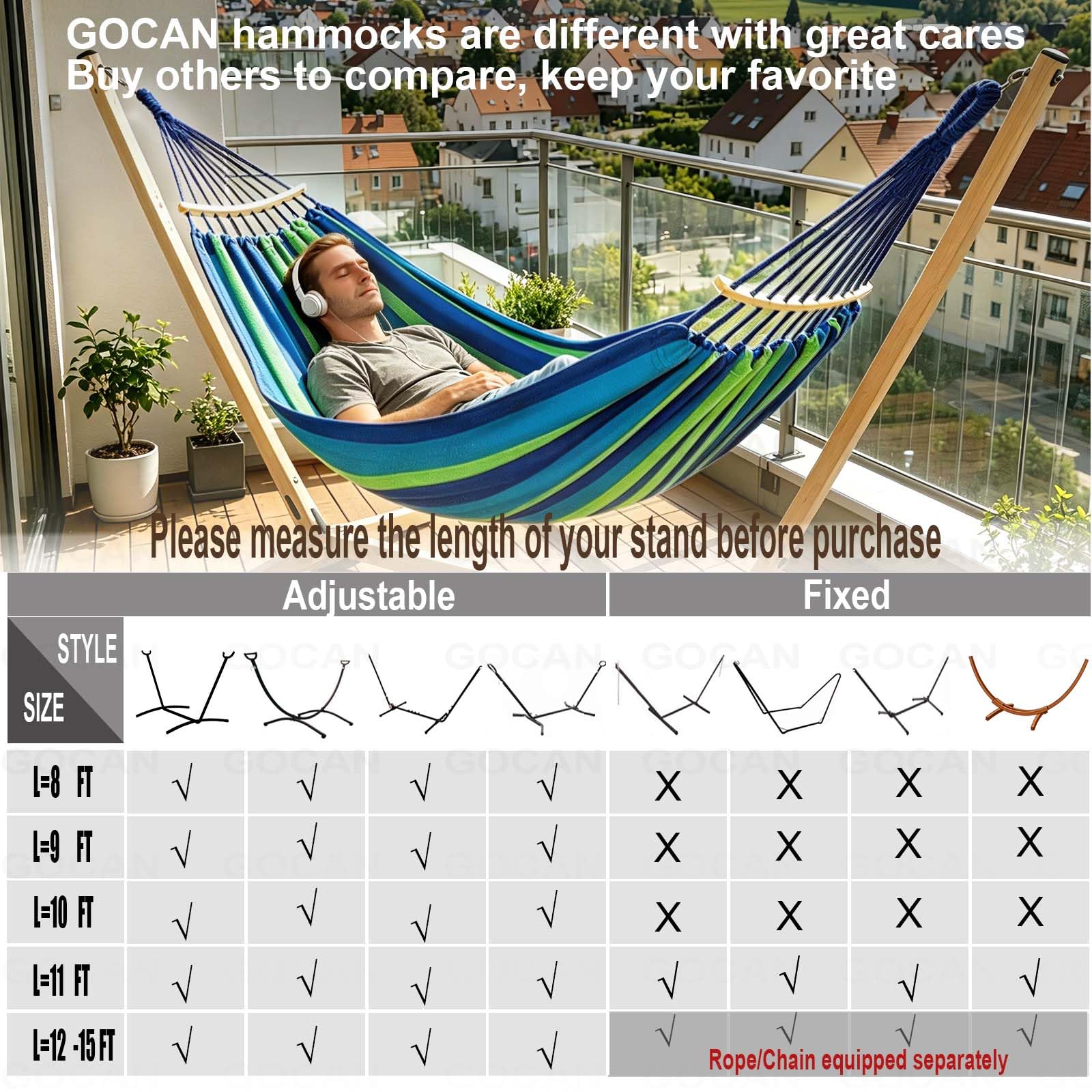 GOCAN hammock next to stand showing size and fit for 9–14 ft setups