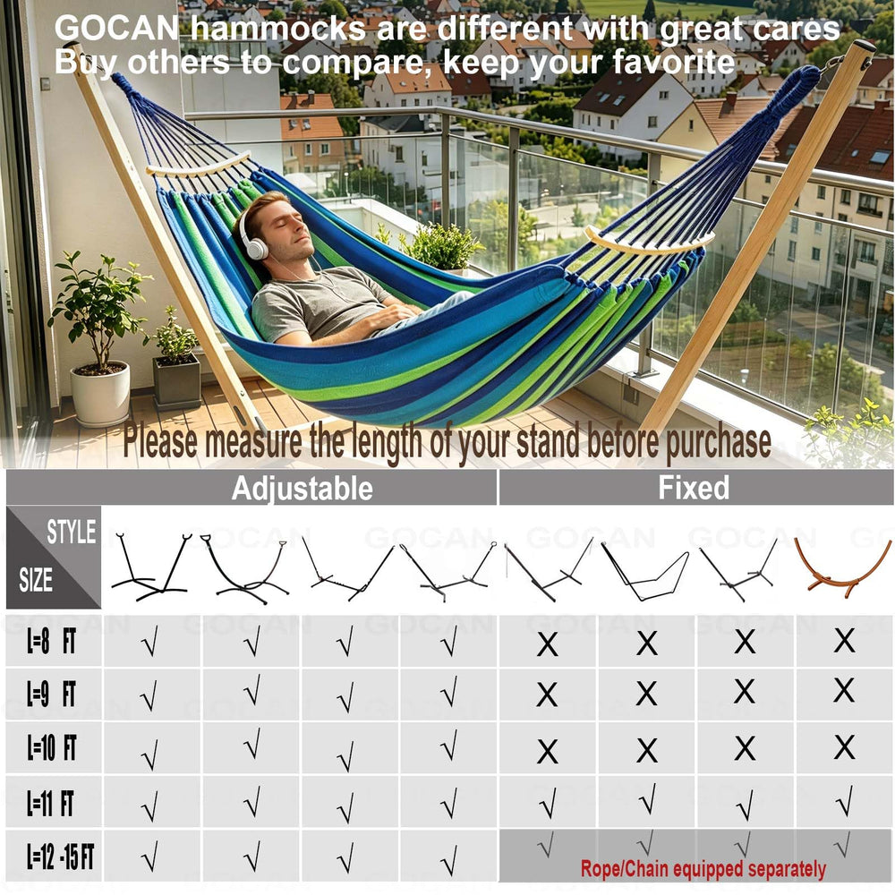 GOCAN hammock next to stand showing size and fit for 9–14 ft setups