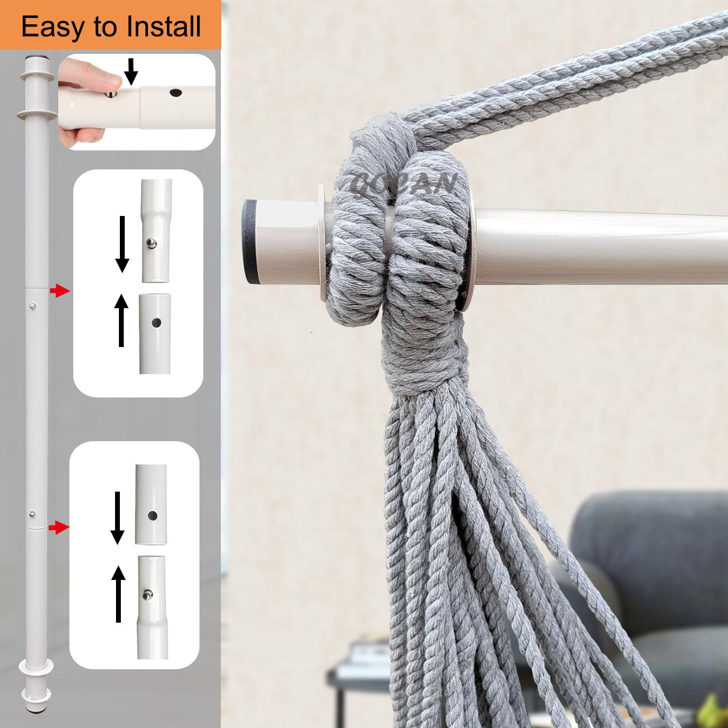 GOCAN metal spreader bar close-up showing grooves and secure rope grip benefit
