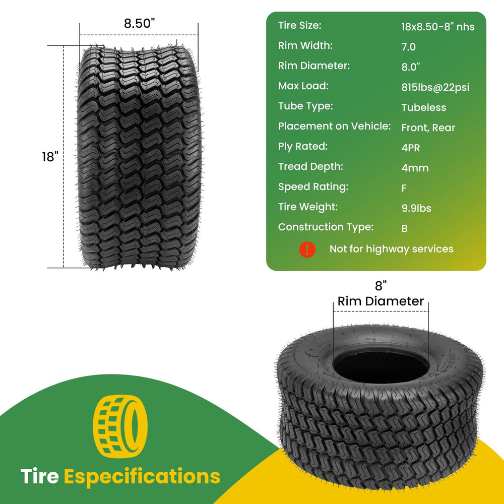 Godhop tire beside a ruler showing 18x8.50-8 dimensions for correct fit confirmation