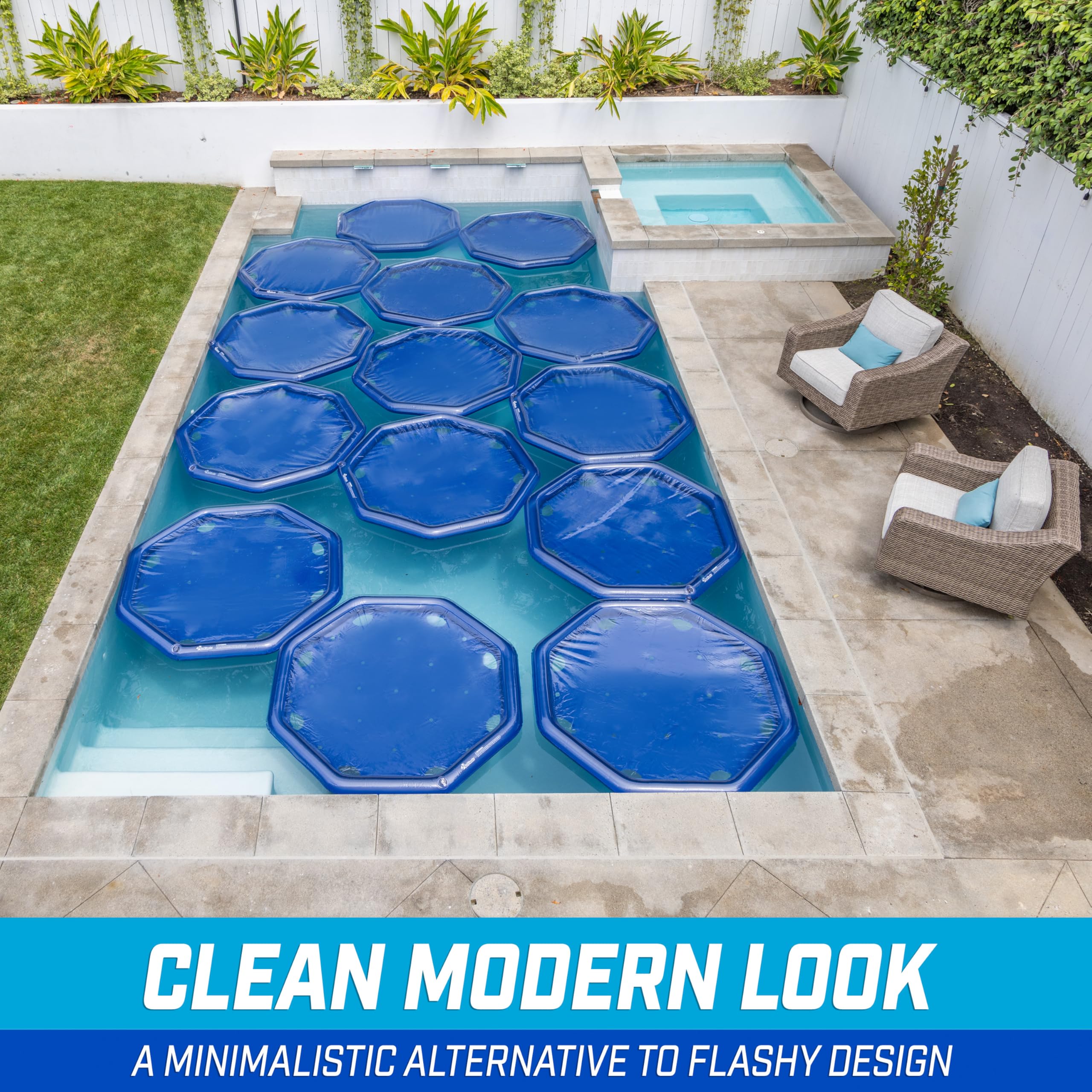 GoFloats V2 in backyard pool lifestyle scene showing energy-saving benefit