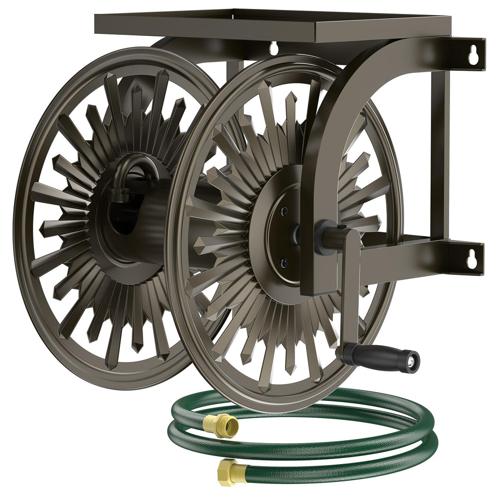 GOFORWILD front view wall mount reel showing capacity and bronze finish benefit