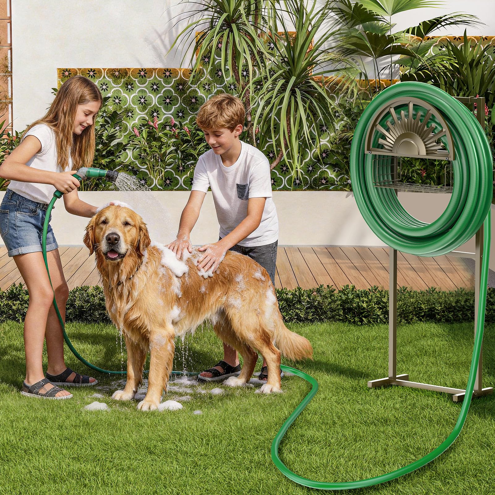 GOFORWILD hose stand placed by flower beds to create tidy, attractive garden storage