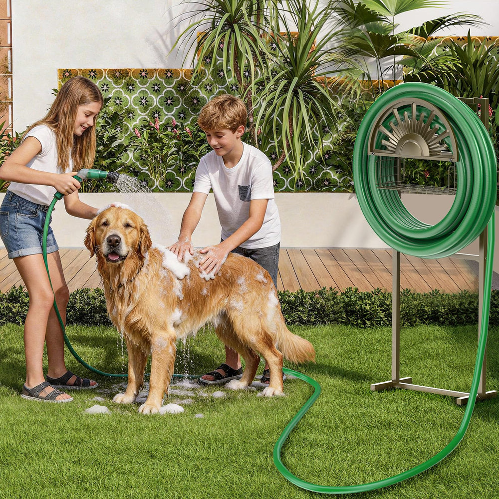 GOFORWILD hose stand placed by flower beds to create tidy, attractive garden storage