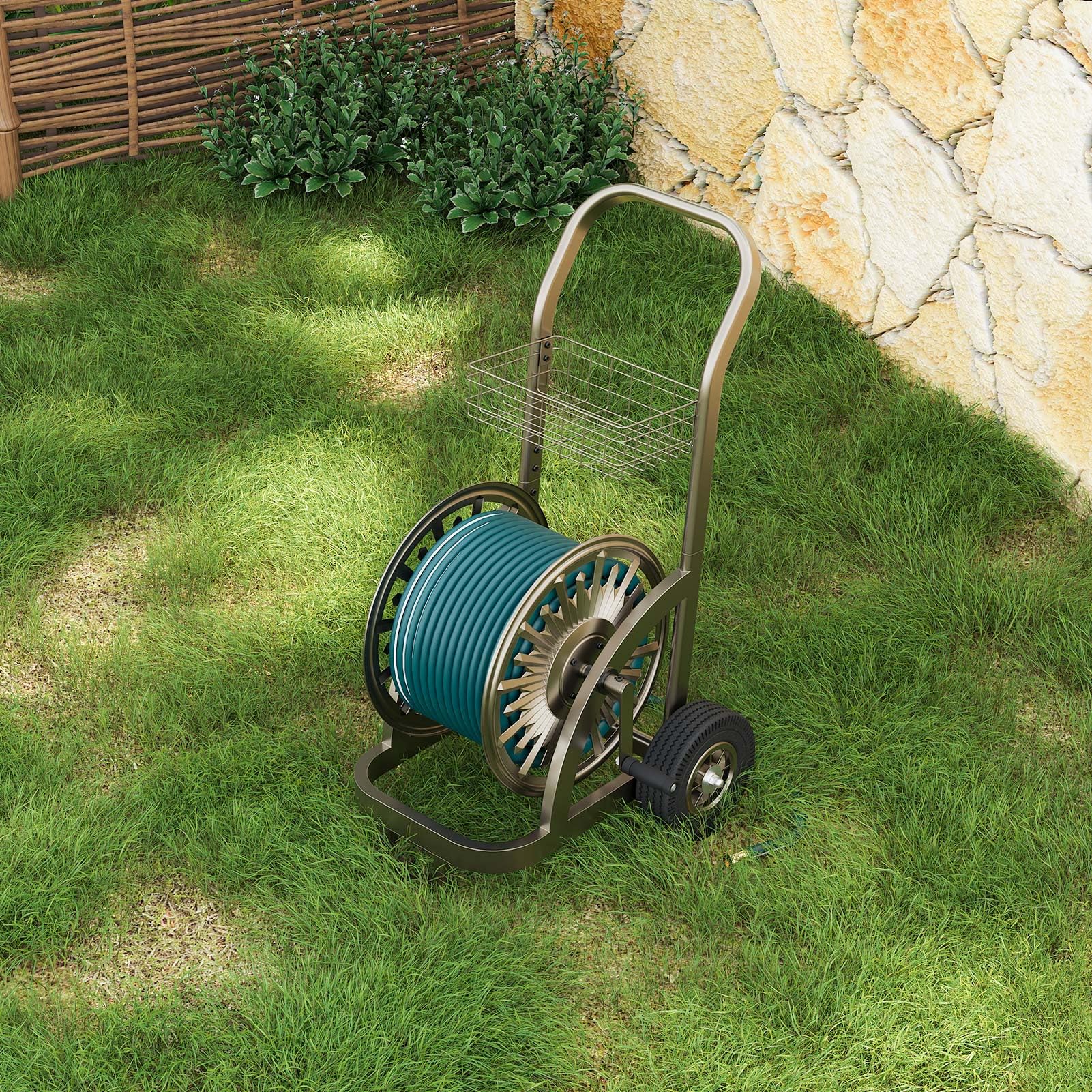 GOFORWILD cart beside coiled hose for size comparison showing large 200ft capacity
