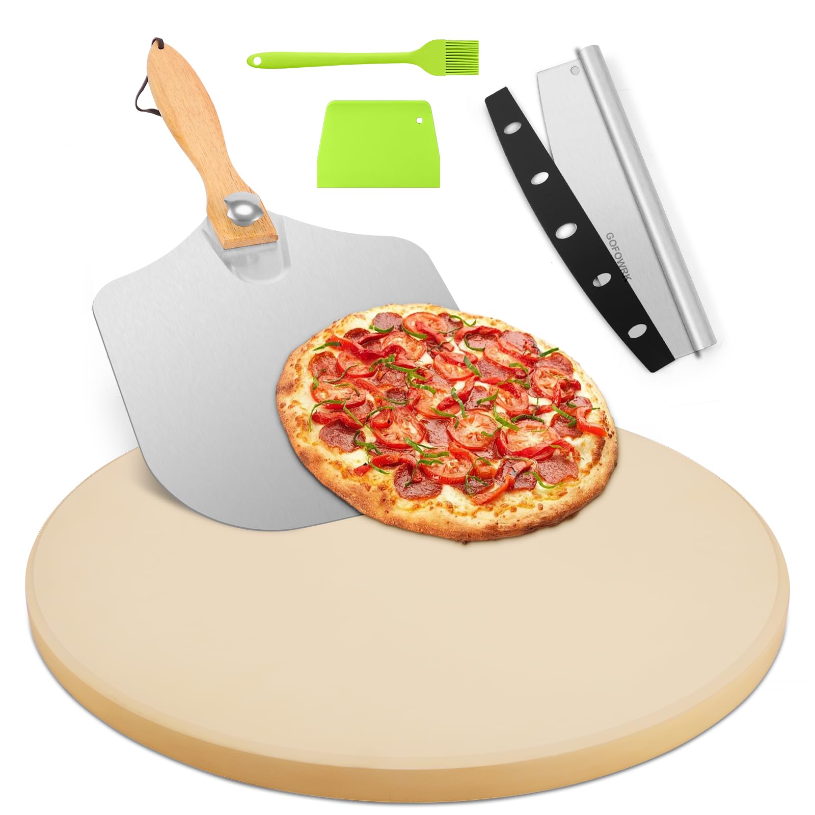 GOFOWRK front view of 15-inch cordierite pizza stone showing sturdy construction and benefit of even heat