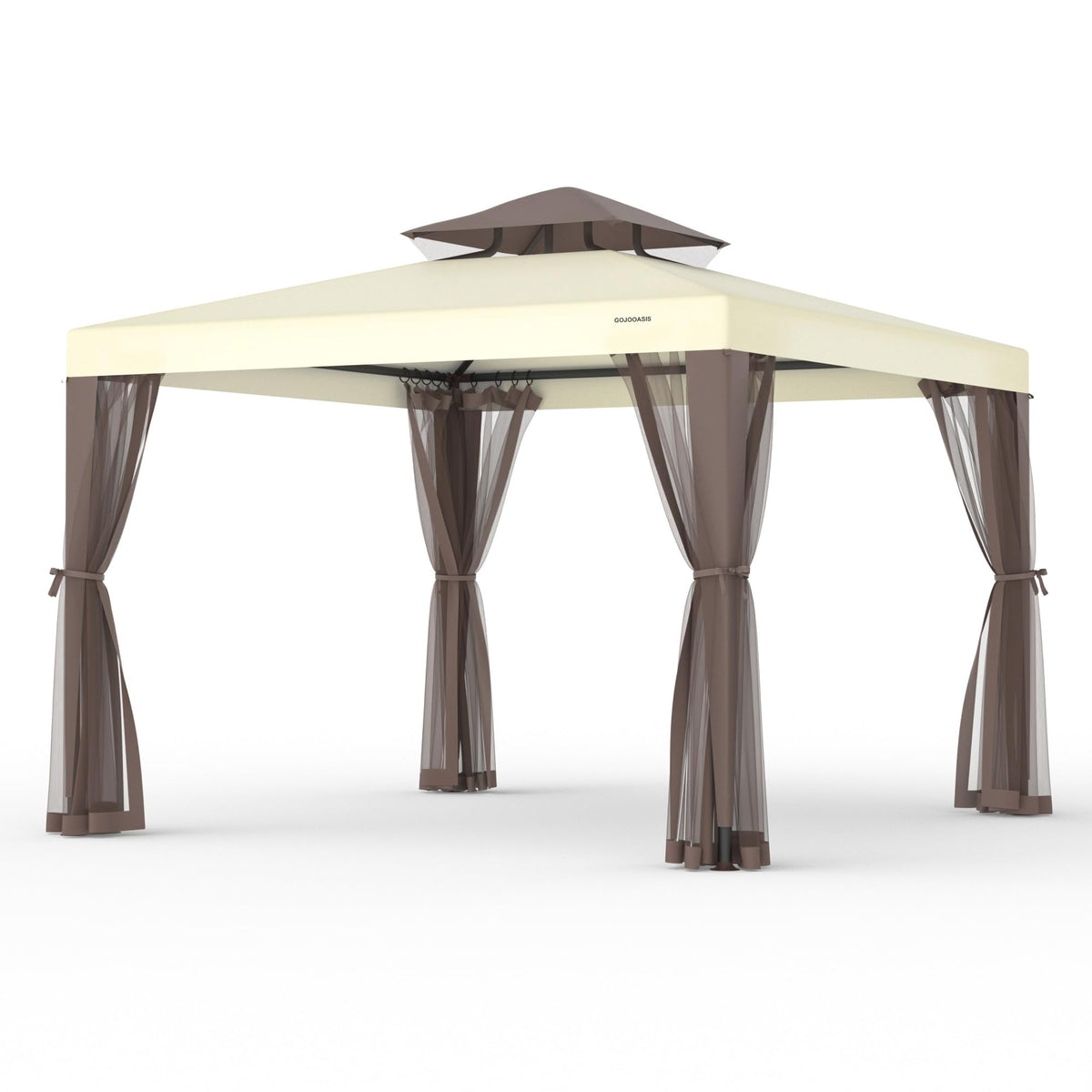 GOJOOASIS front view of beige gazebo showing full shaded area and seating benefit