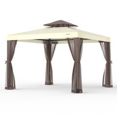 GOJOOASIS front view of beige gazebo showing full shaded area and seating benefit