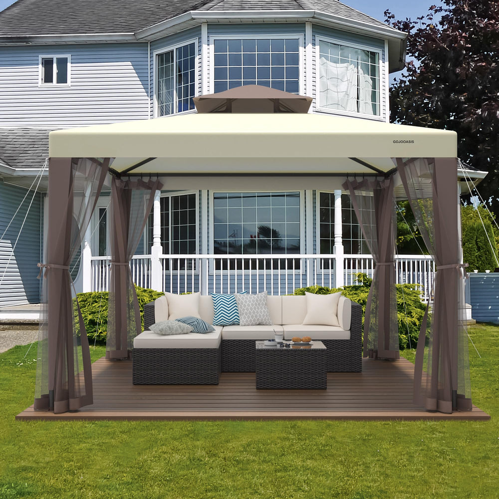 GOJOOASIS gazebo in use at lawn gathering showing comfortable shaded social space