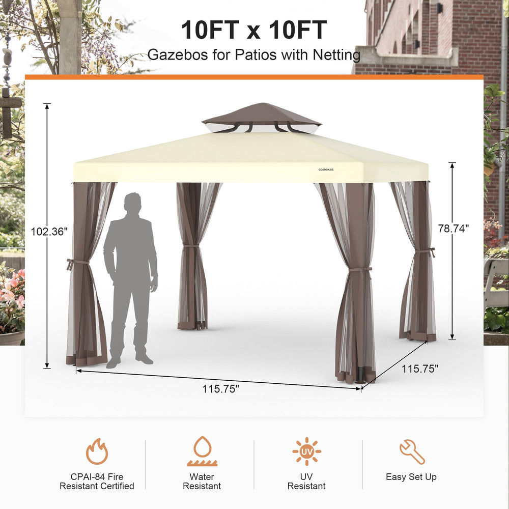 GOJOOASIS gazebo beside chairs showing scale and 100 square feet coverage benefit