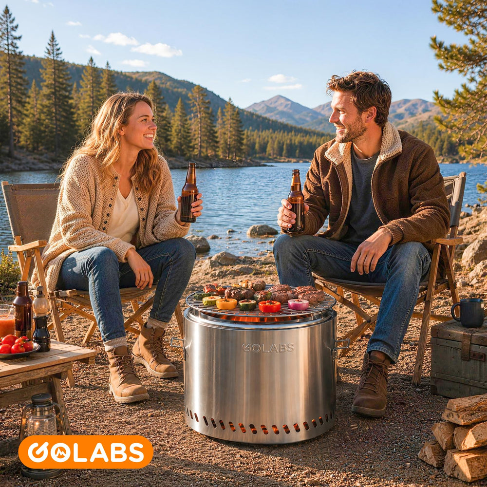 GOLABS FP1 glowing at night to show 360-degree heat and cozy ambiance