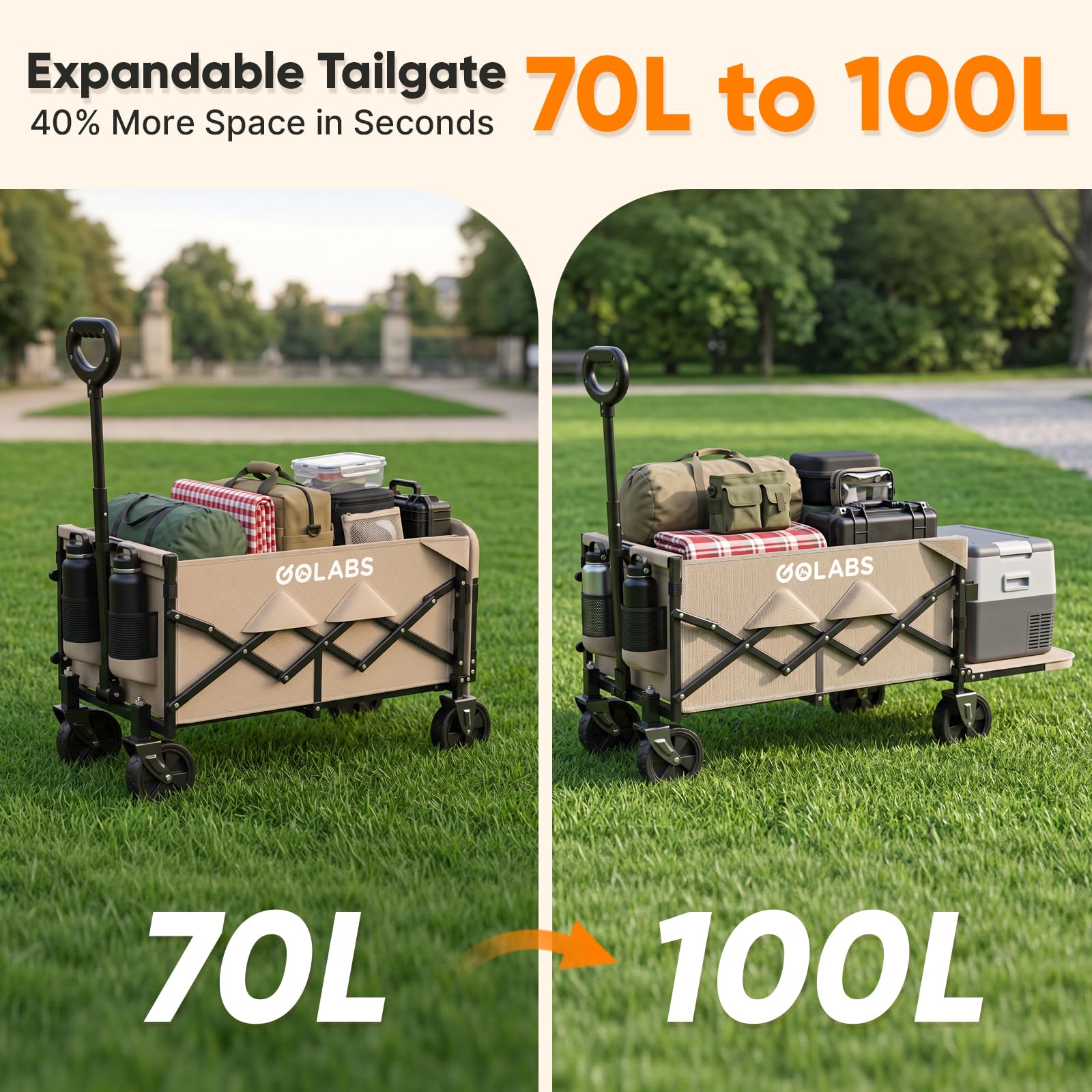 GOLABS WA1 side profile expanded to 100L showing stable frame and roomy cargo