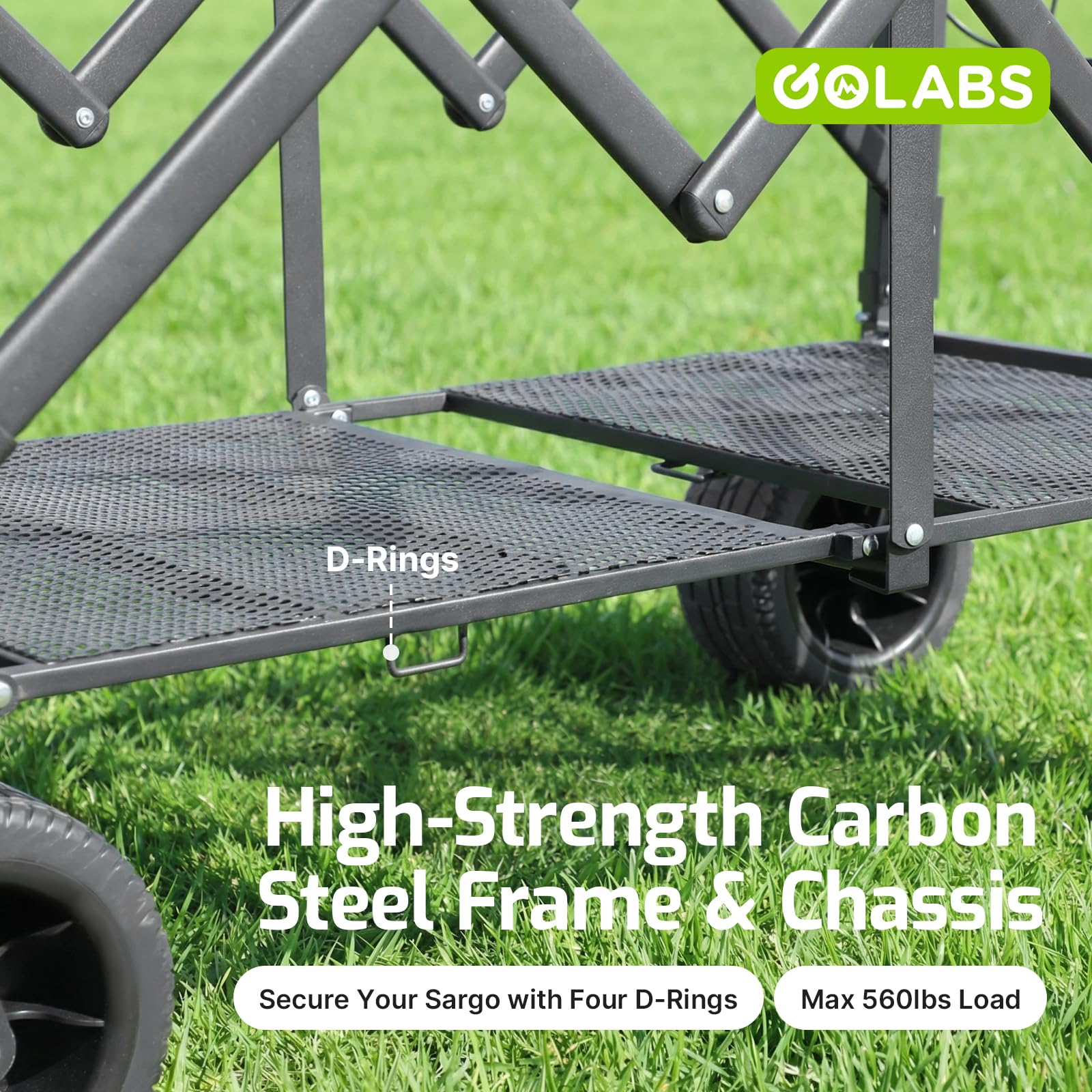 GOLABS close-up of 7x4 all-terrain wheel showing smooth rolling advantage