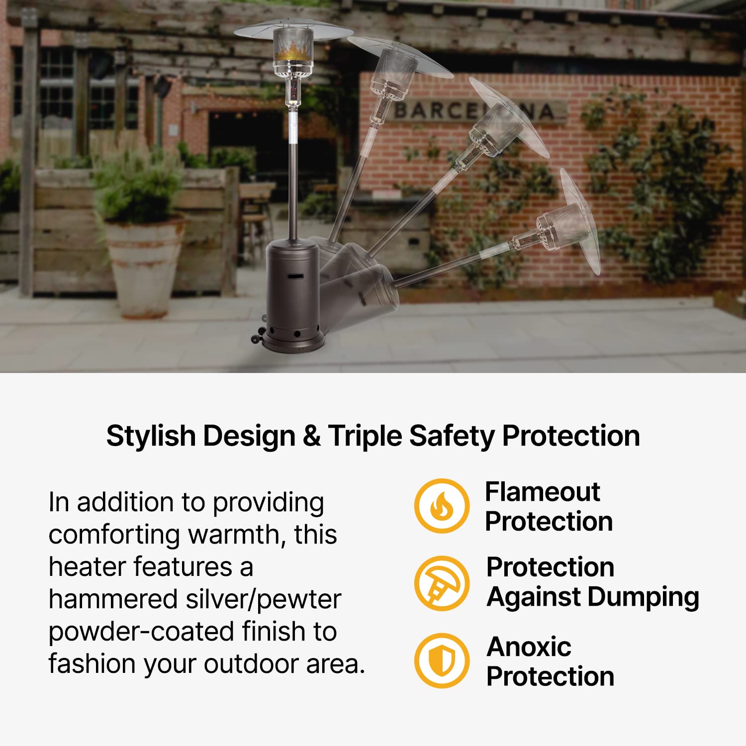 Golden Flame patio scene at dusk illustrating comfortable outdoor warmth
