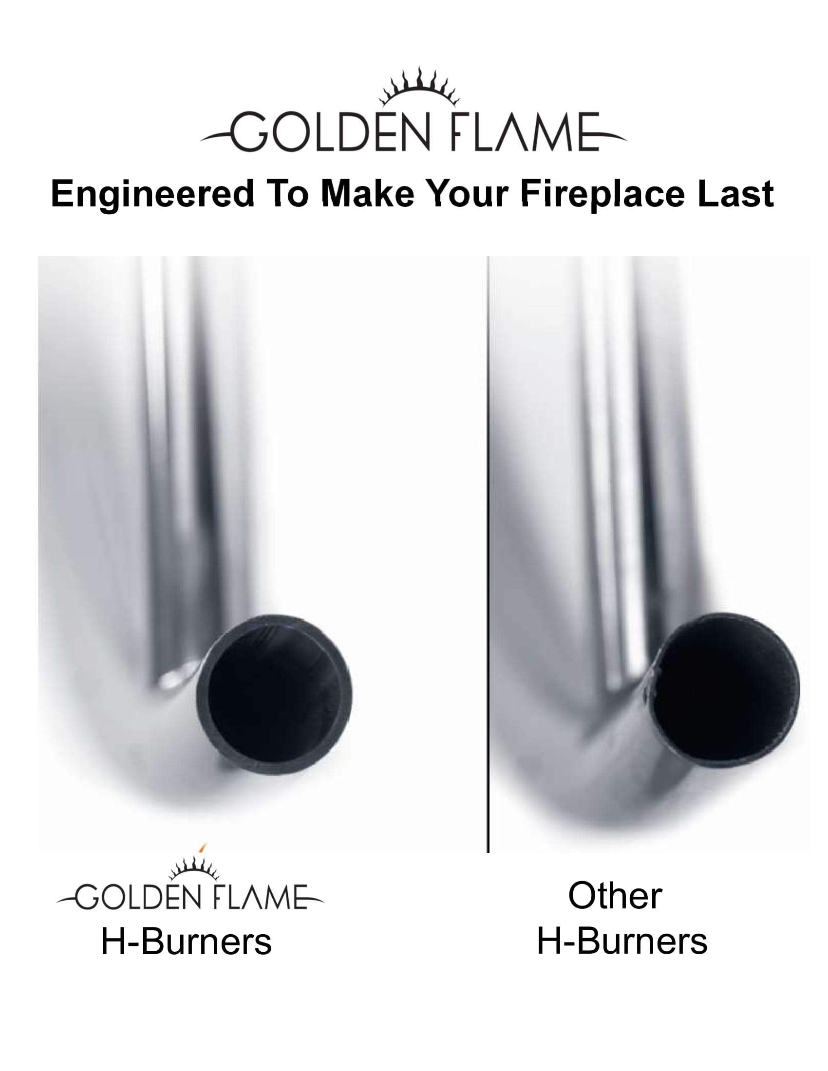 Golden Flame H‑burner held in hand showing 18x6 scale for easy installation planning