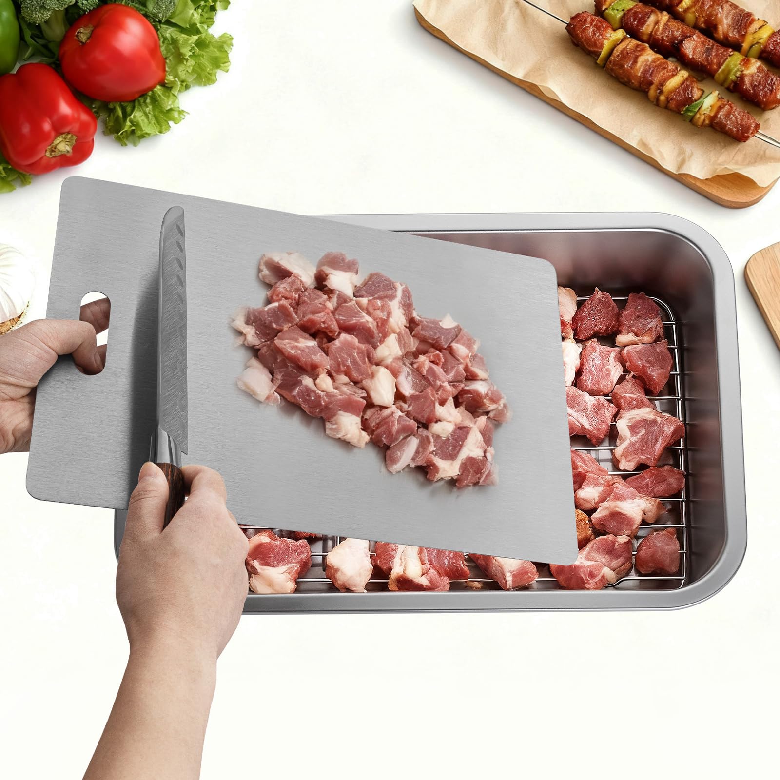 GOLDEN KEY stainless cutting board detail, hygienic surface protecting countertops