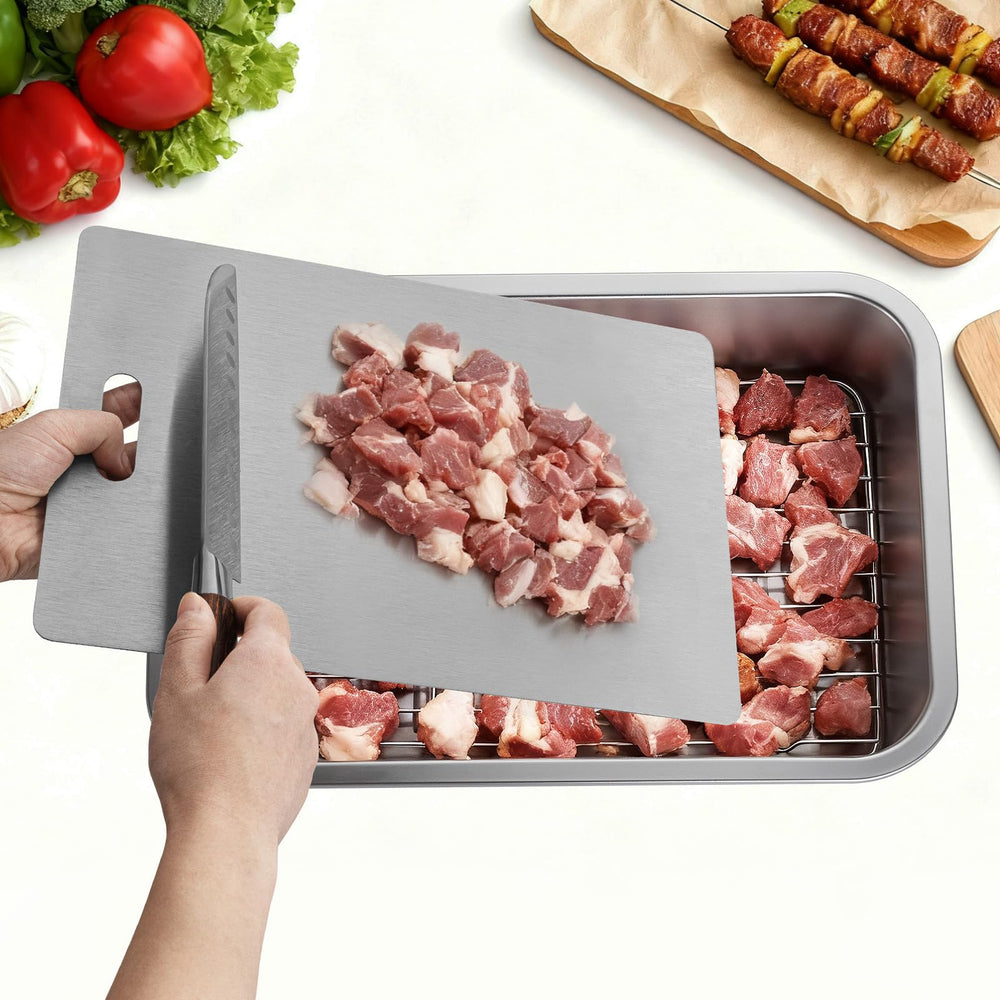 GOLDEN KEY stainless cutting board detail, hygienic surface protecting countertops