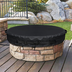 GoldenRaindrop front view of cover protecting fire pit, prevents weather damage