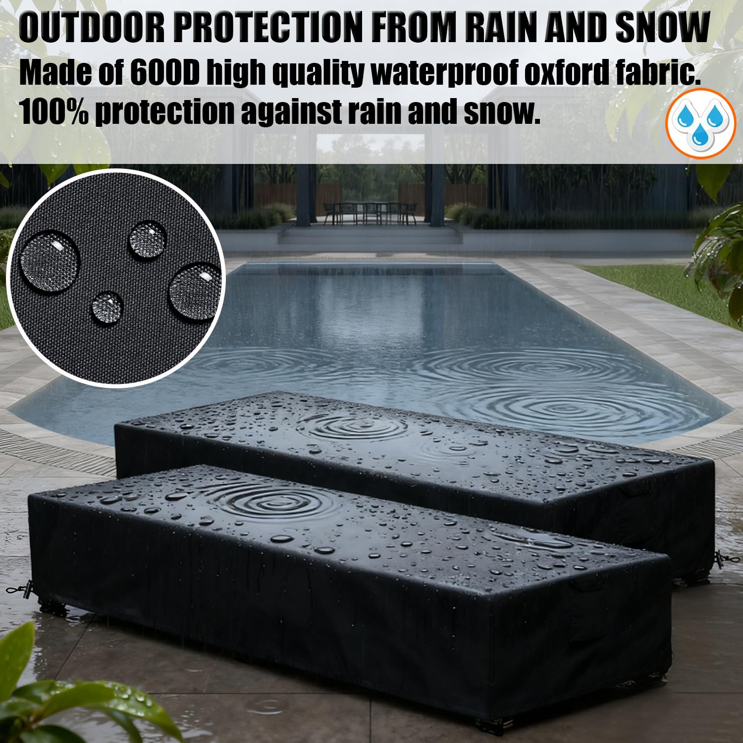 GoldenRaindrop cover in use on patio chaise lounge demonstrating weather protection