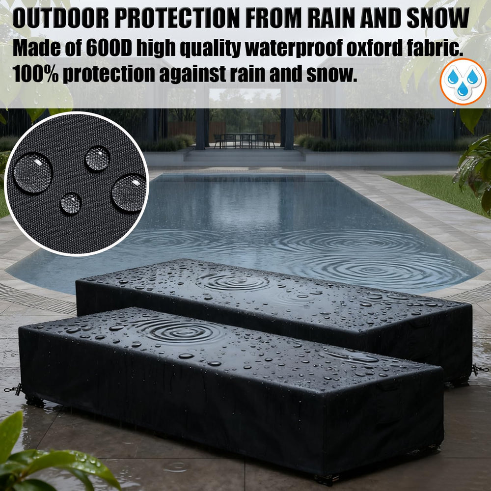 GoldenRaindrop cover in use on patio chaise lounge demonstrating weather protection
