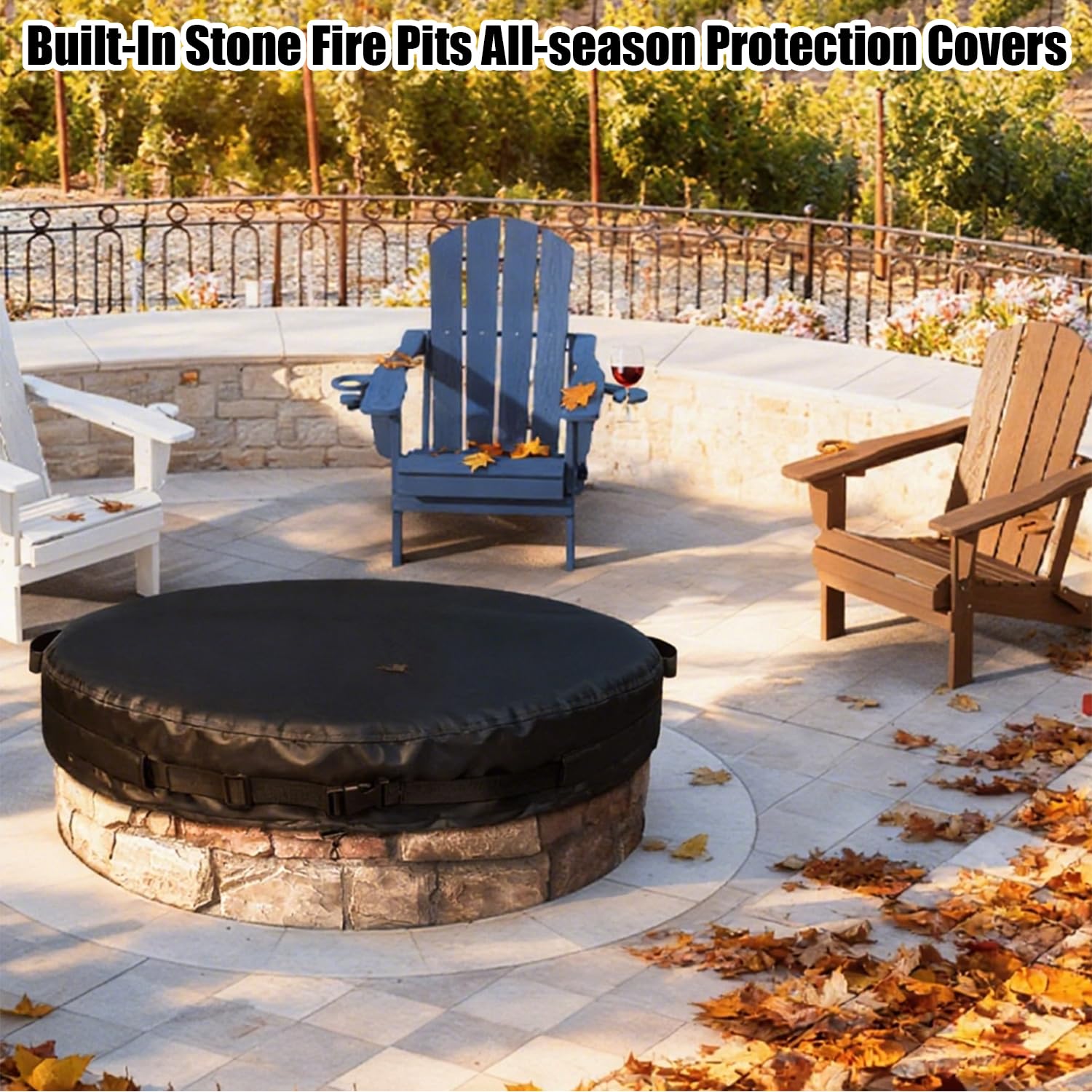 GoldenRaindrop cover in backyard setting preserving firepit appearance
