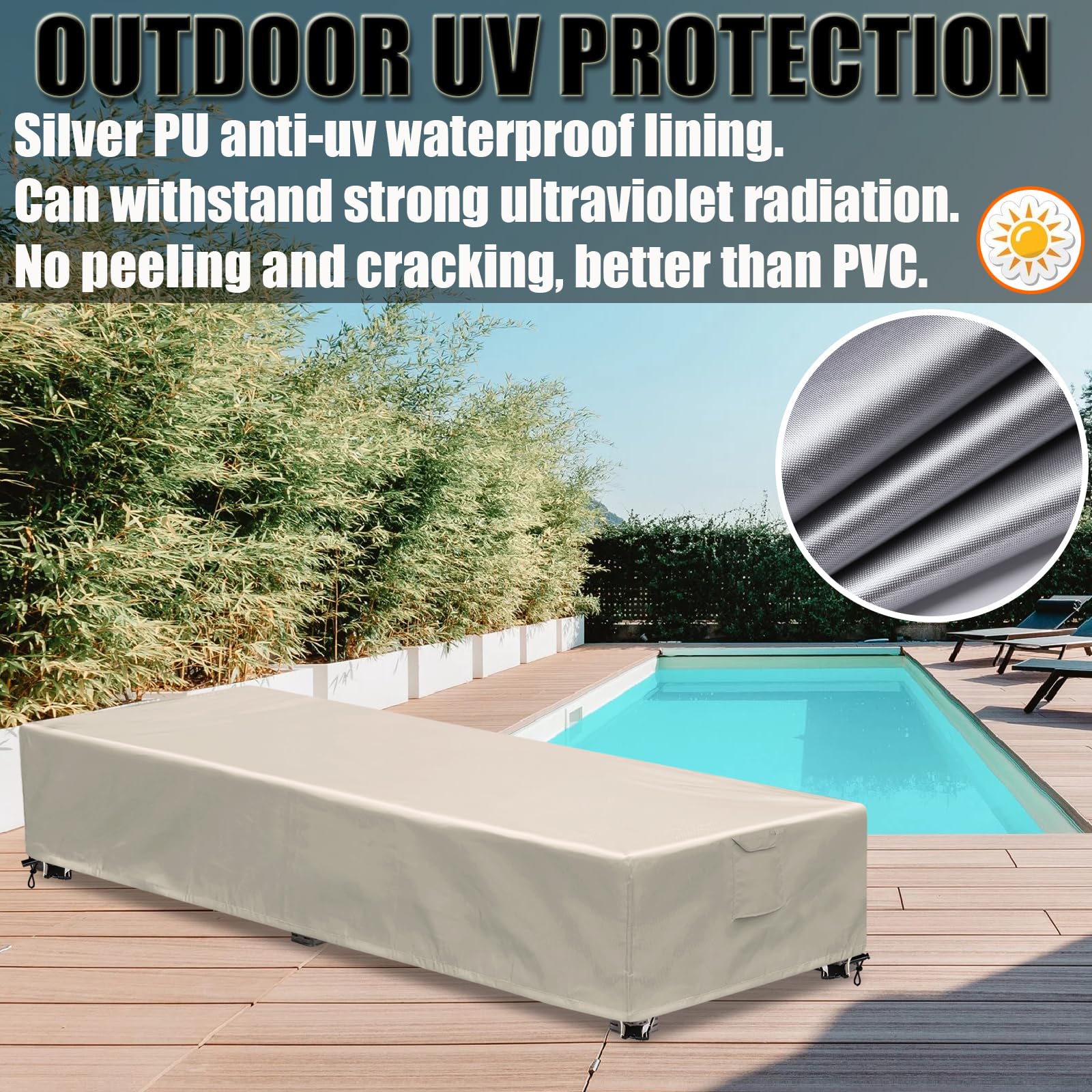 GoldenRaindrop covered chaise on patio illustrating protection from rain and sun outdoors