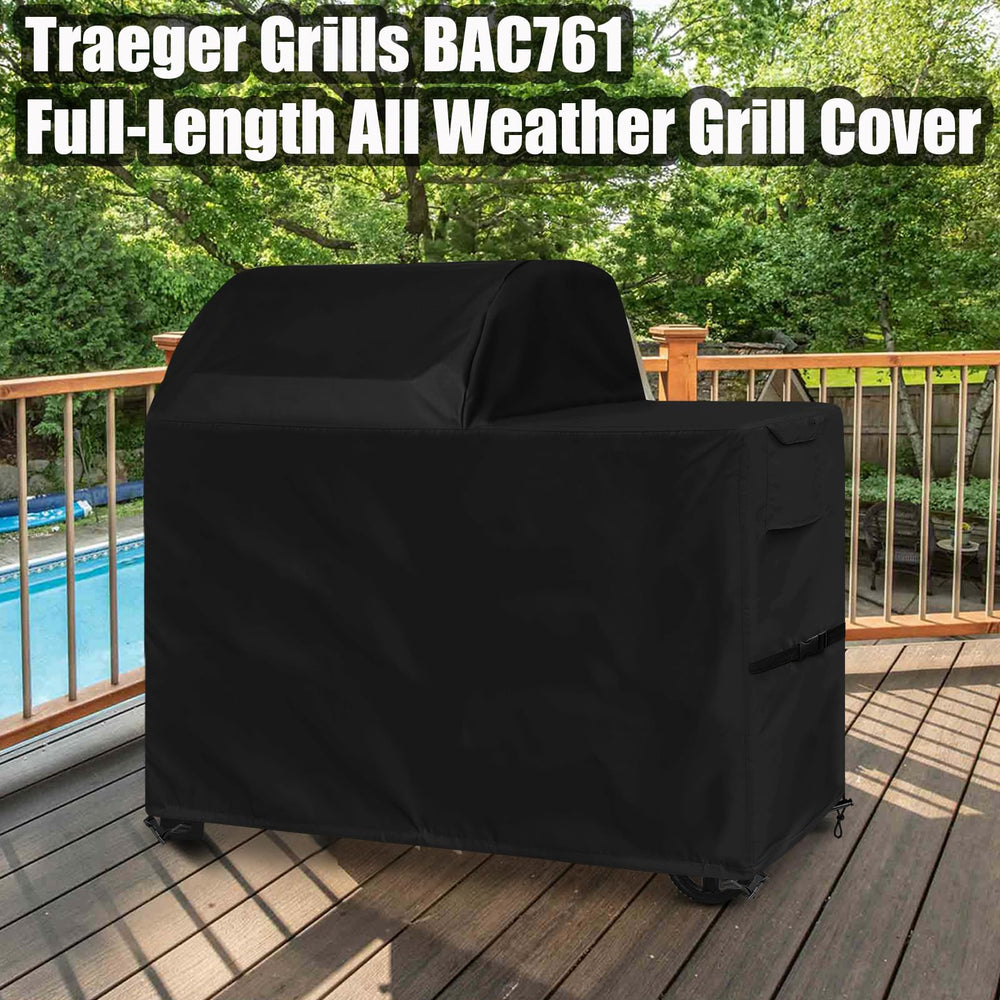 GoldenRaindrop cover next to chair illustrating size and fit for Woodridge grill