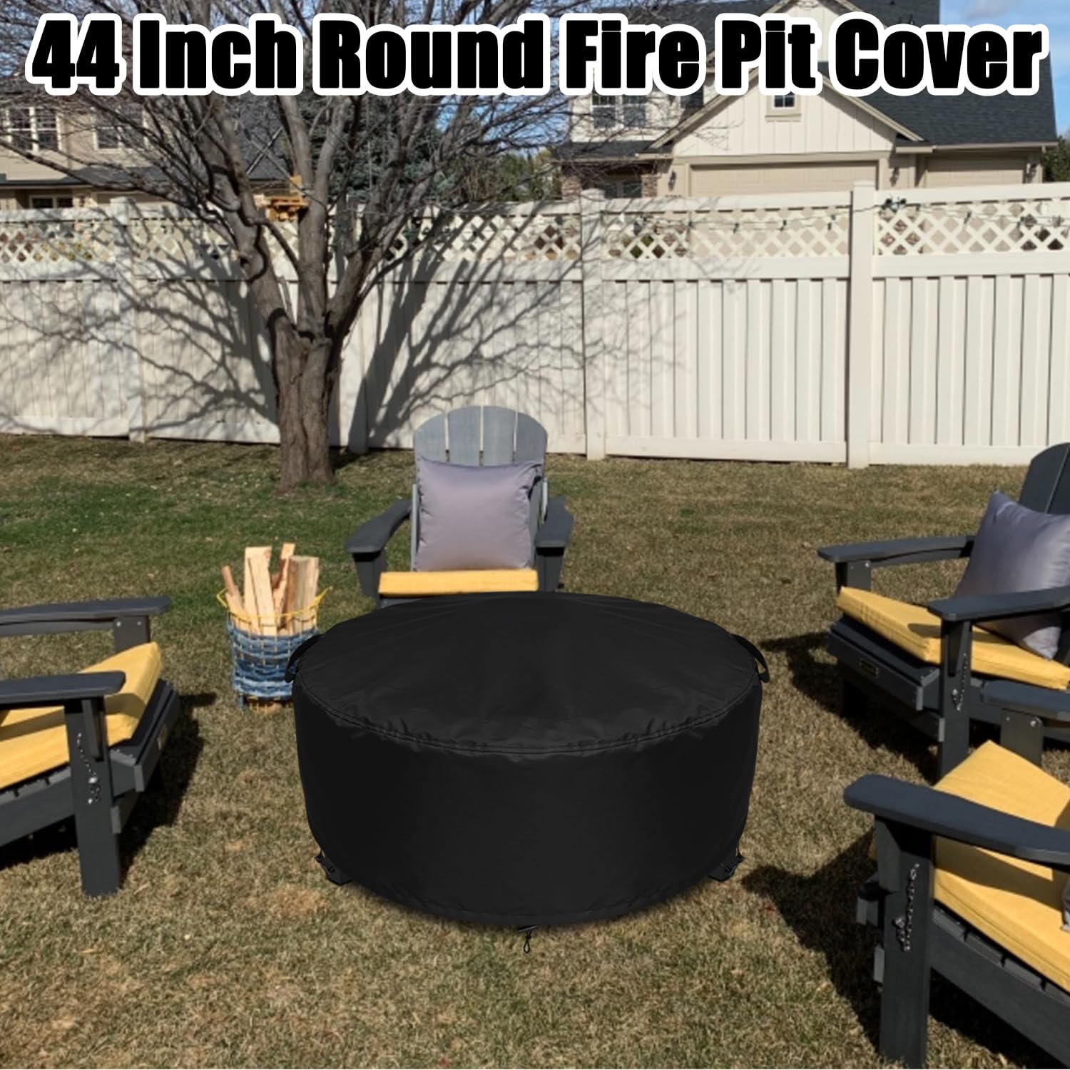 GoldenRaindrop next to patio chair for scale, demonstrates 44-inch diameter fit