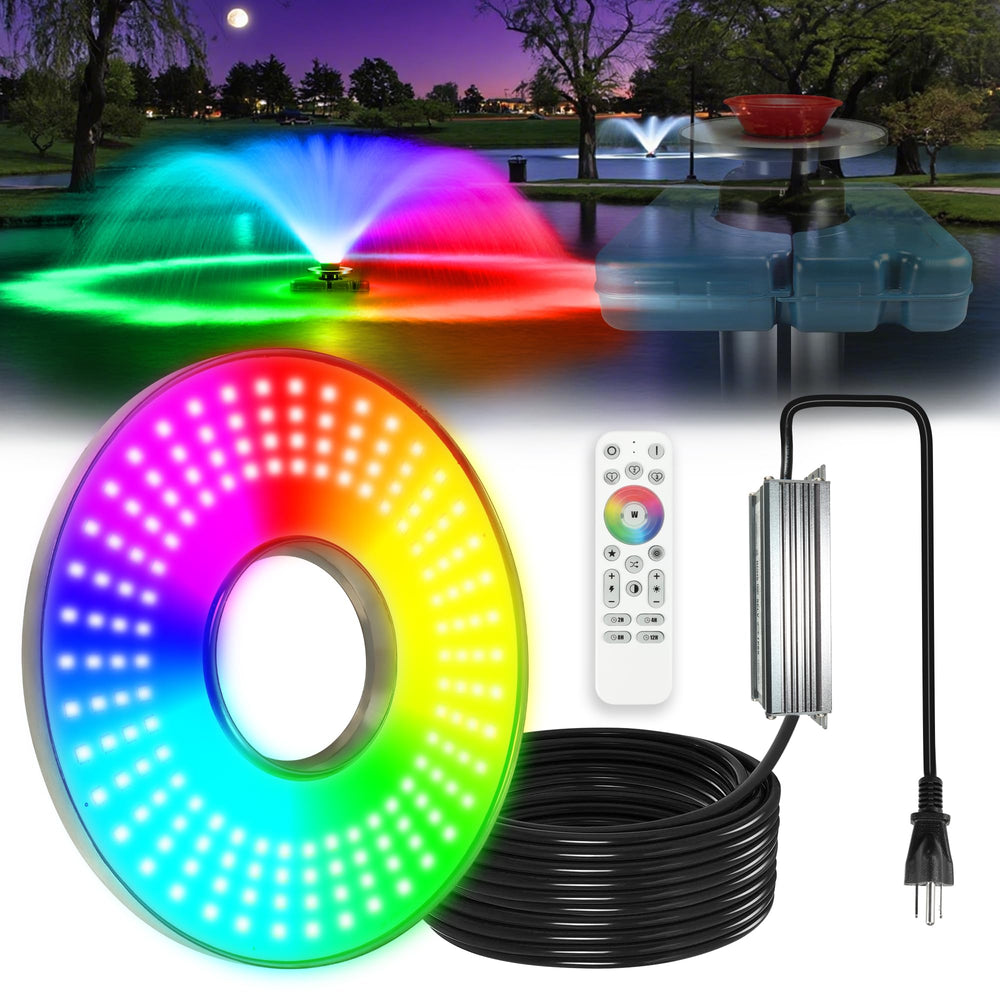 Goldlife front view of floating fountain light showing bright RGBW beam benefit