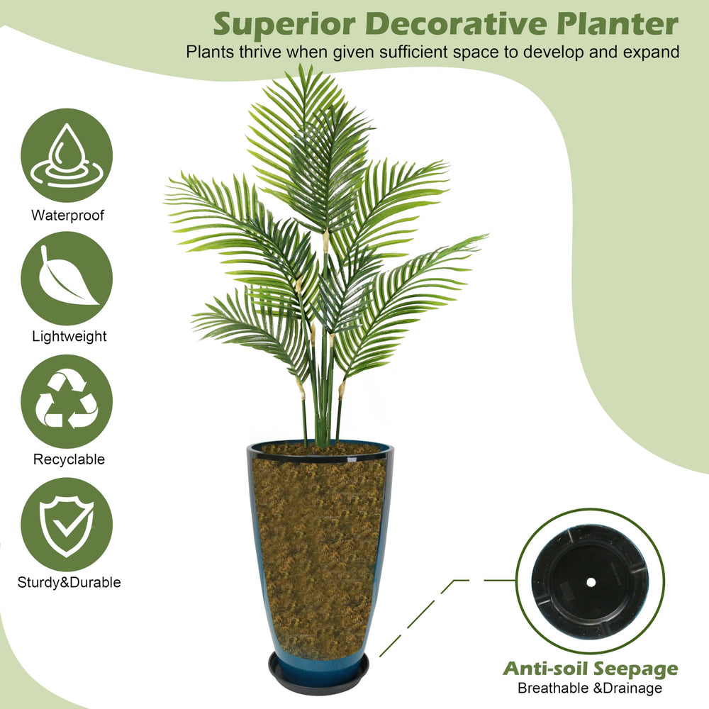 Goldshire planters on patio with plants showing durable outdoor styling benefit