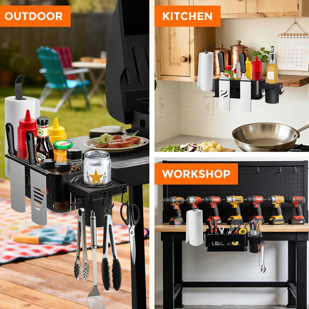 Goldusk caddy installed in backyard grill scene for organized cooking