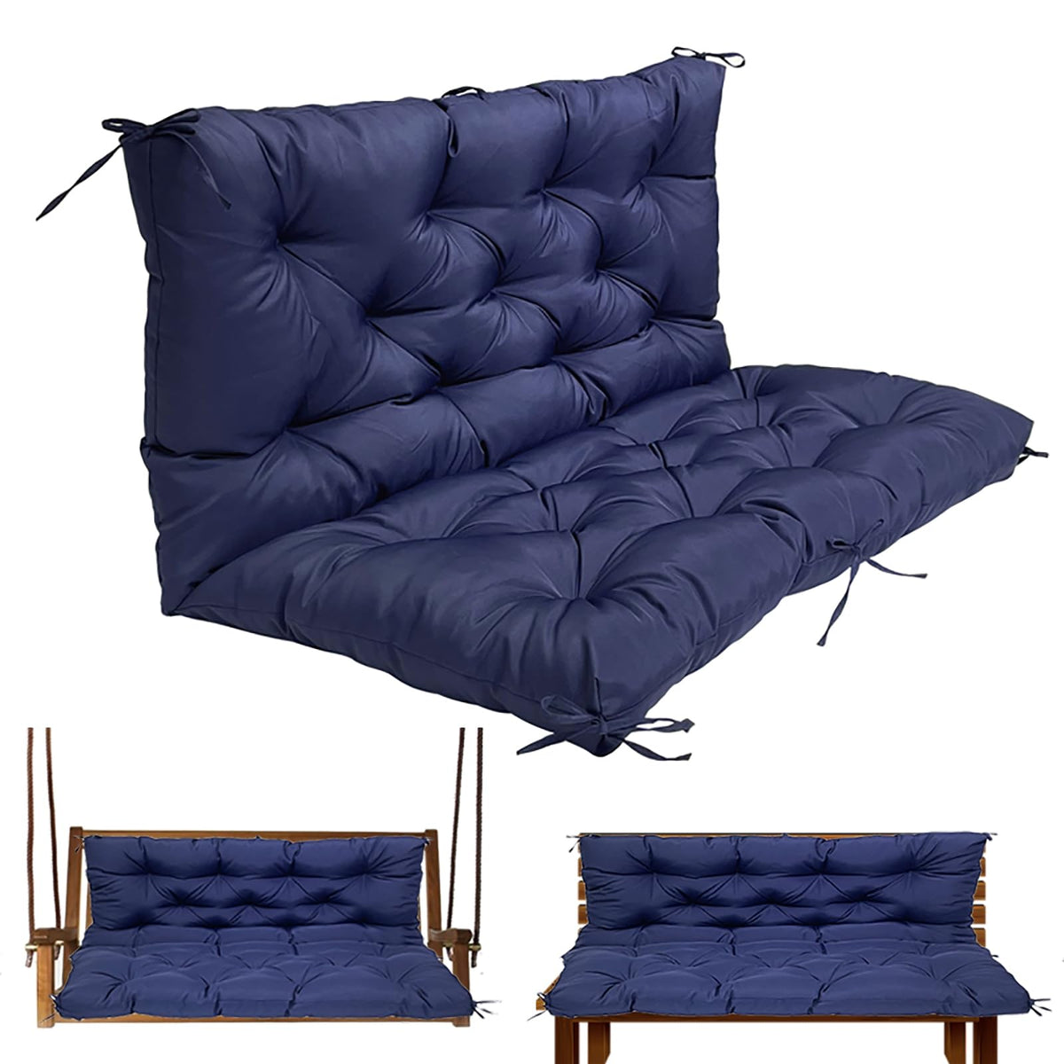 Gollense front view of navy three-seat swing cushion showing full coverage and comfort