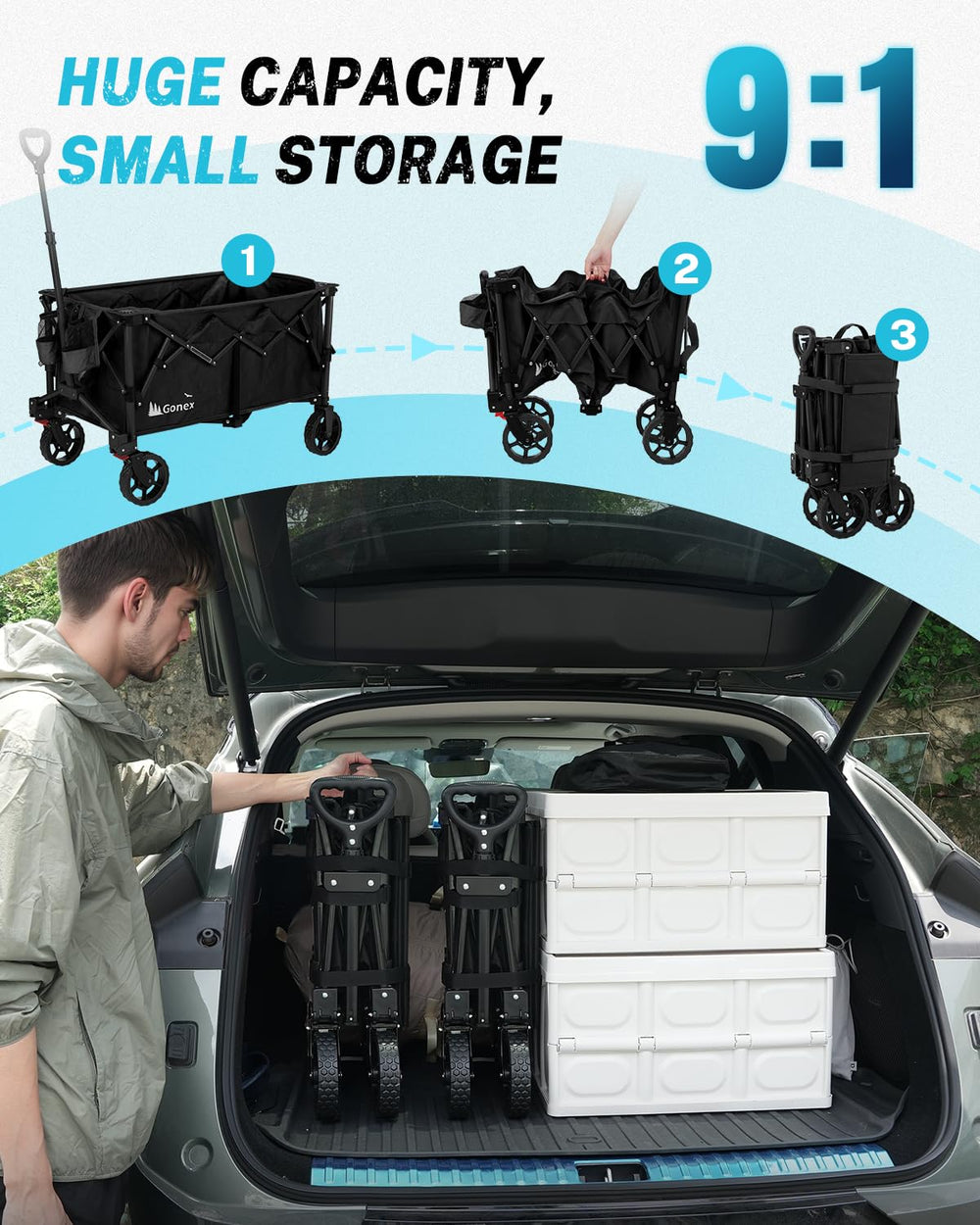 Gonex loading groceries and cooler showing spacious 220L interior for bulky items benefit