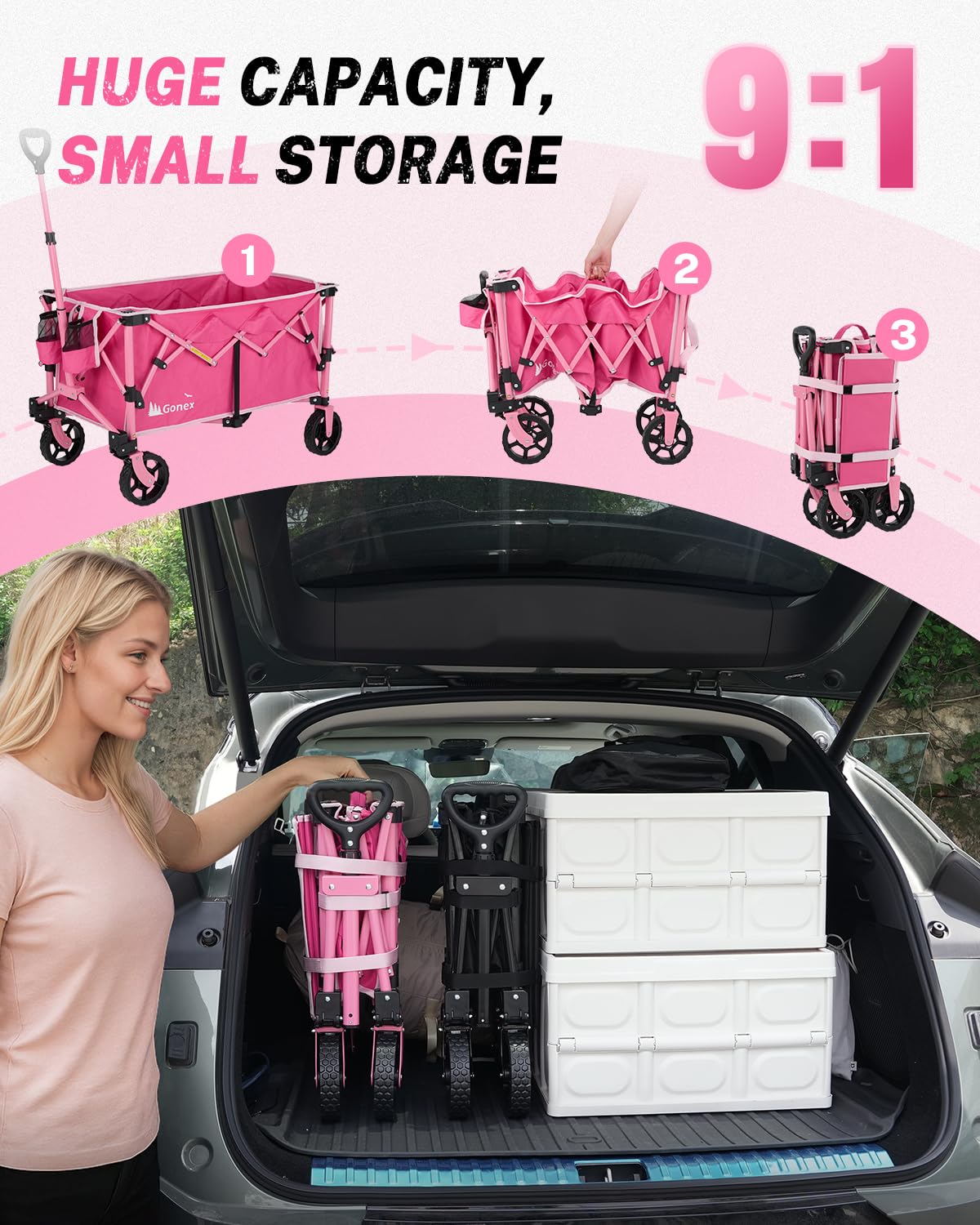 Gonex wagon next to backpack showing scale and portable size