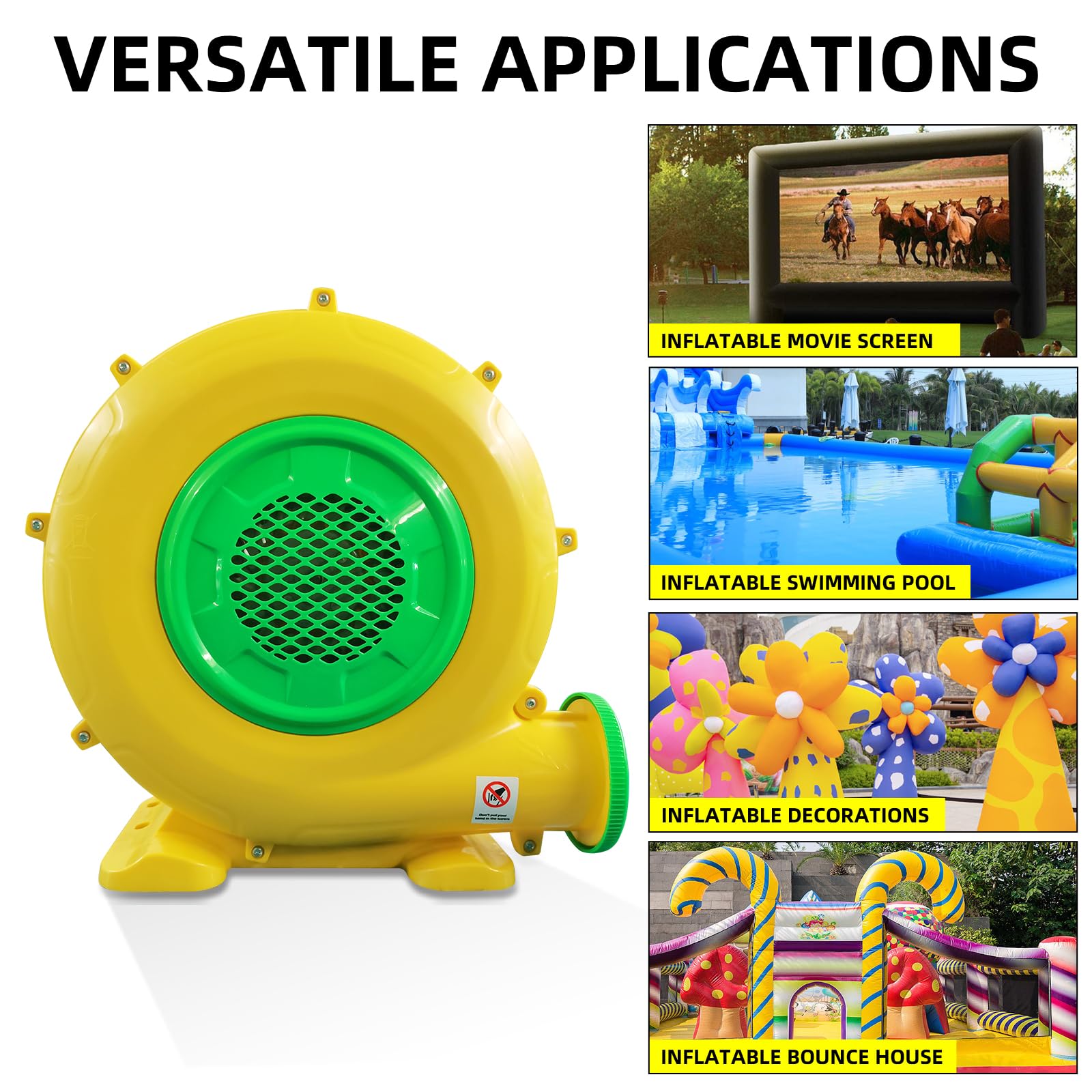 GONFLABLE blower inflating a large bounce house quickly for event setup