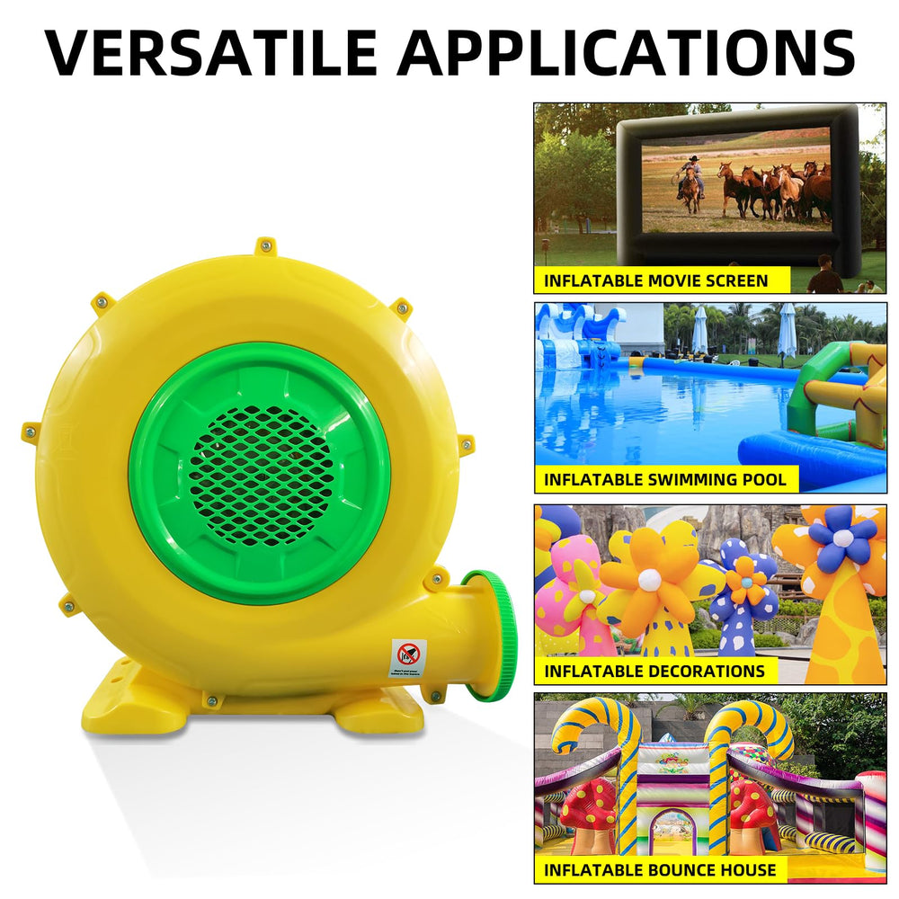 GONFLABLE blower inflating a large bounce house quickly for event setup