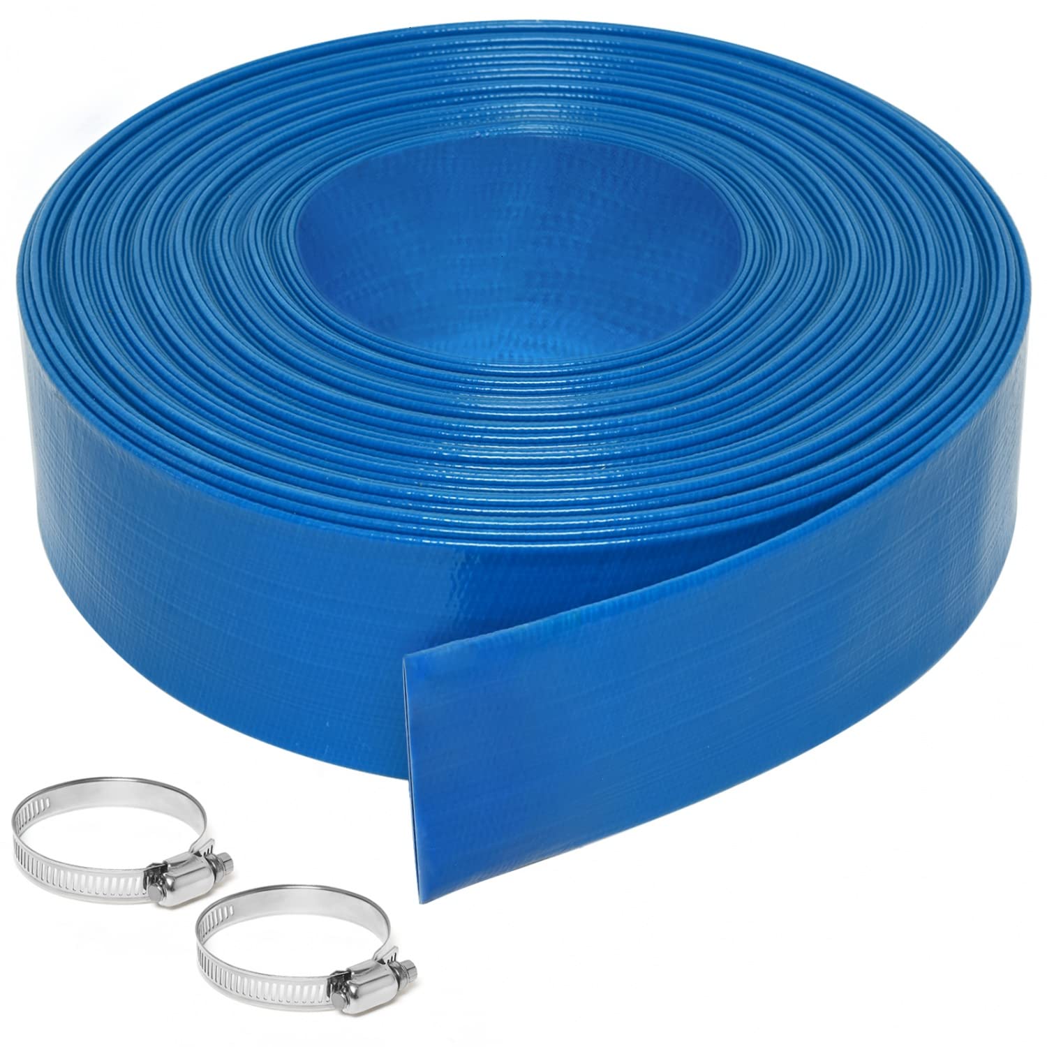 Gonioa front view of blue 2-inch x 100ft backwash hose showing length and color for easy identification