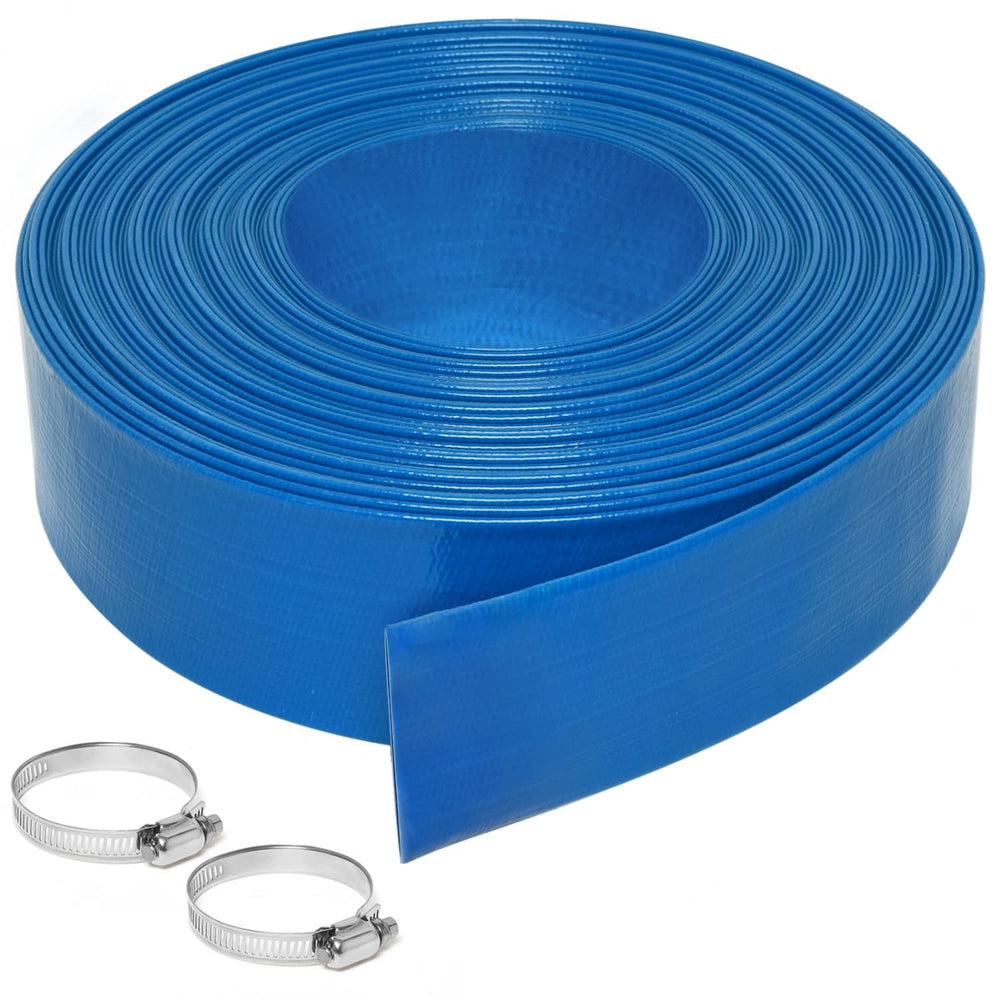 Gonioa front view of blue 2-inch x 100ft backwash hose showing length and color for easy identification