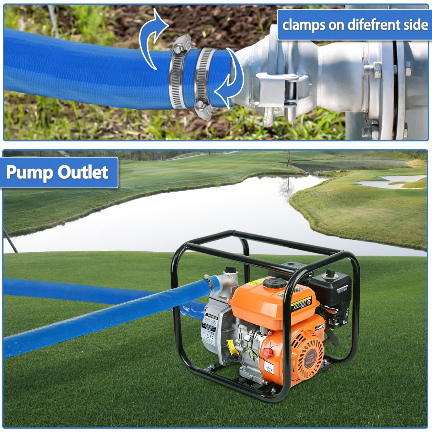 Gonioa hose stretched across yard to illustrate full 100 ft length and reach capability